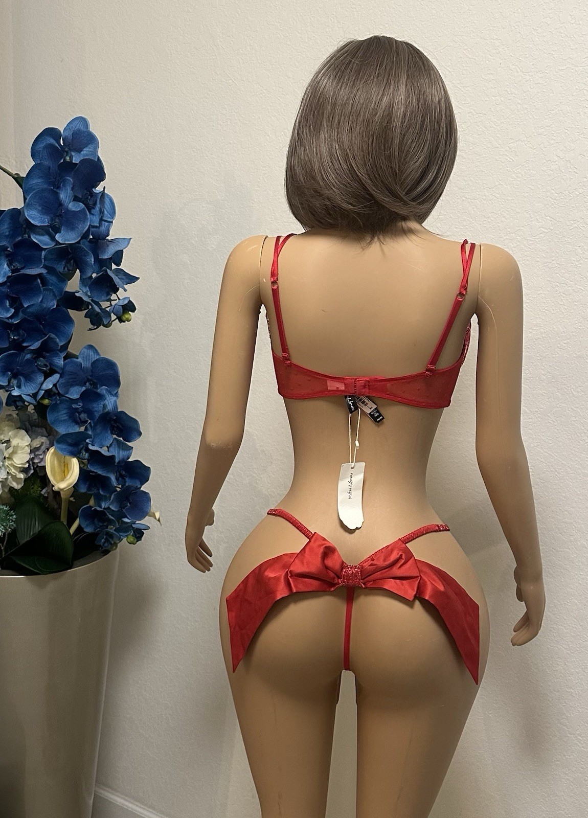 For Love & Lemons Red Lace Lingerie Set Bow Back Thong NWT Size M/CC 36D