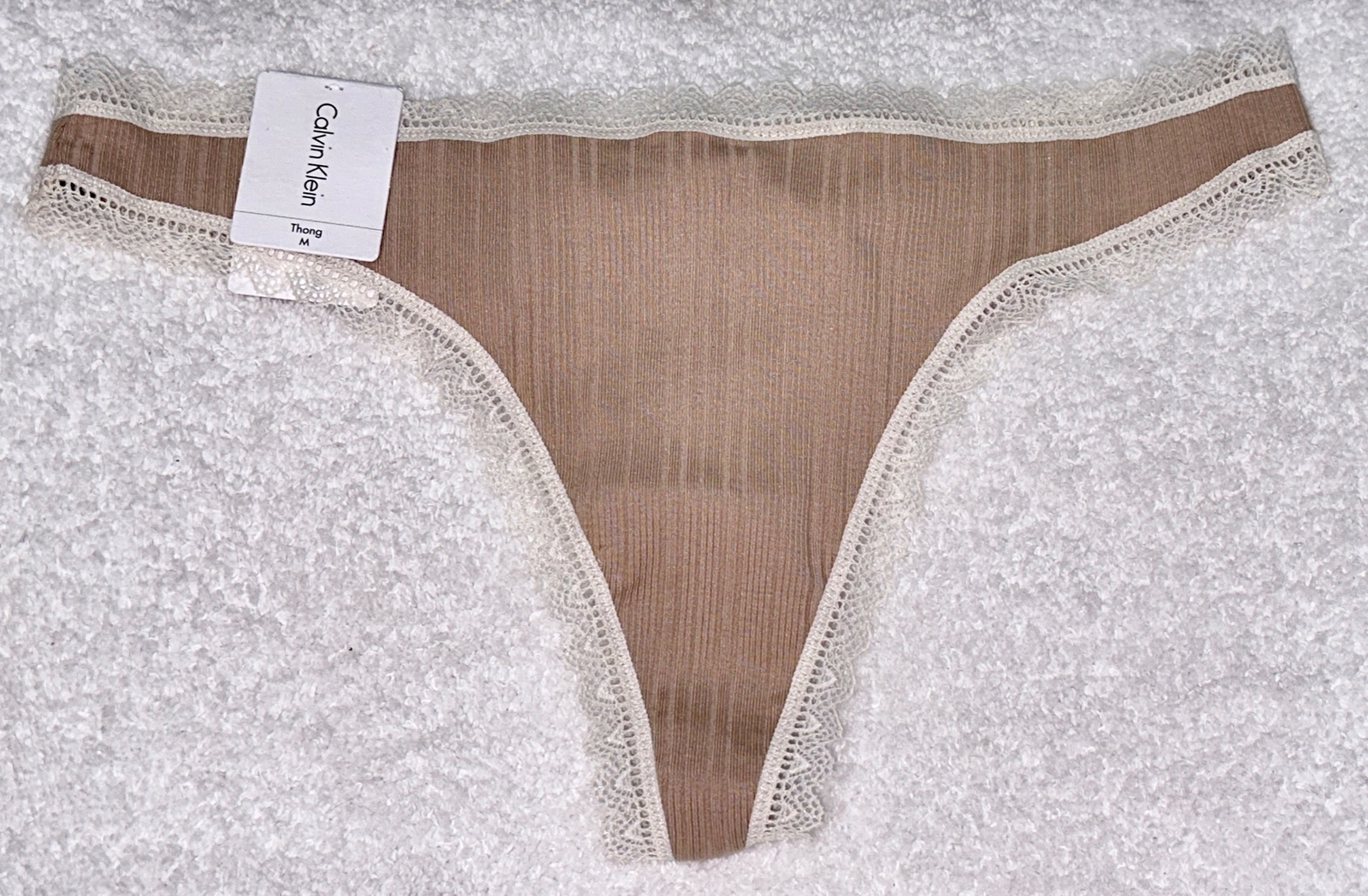 CALVIN KLEIN Flirty Ribbed Cedar Nude Buff Cotton Thong Panty NEW Womens Sz M 6