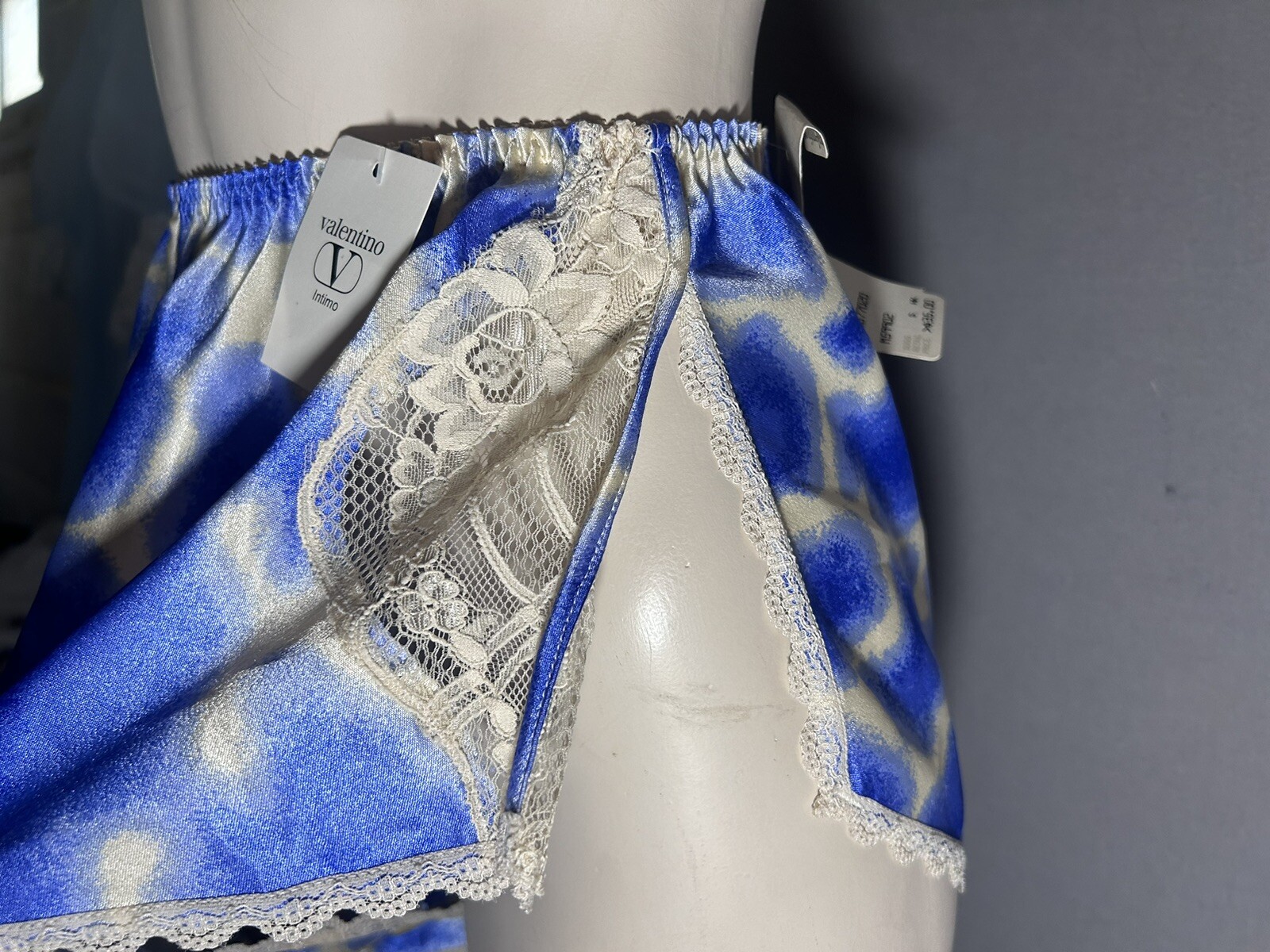 Valentino Intimo Tap Shorts Lounge Wear Blue & Cream W/ Lace Side Slits Sz S