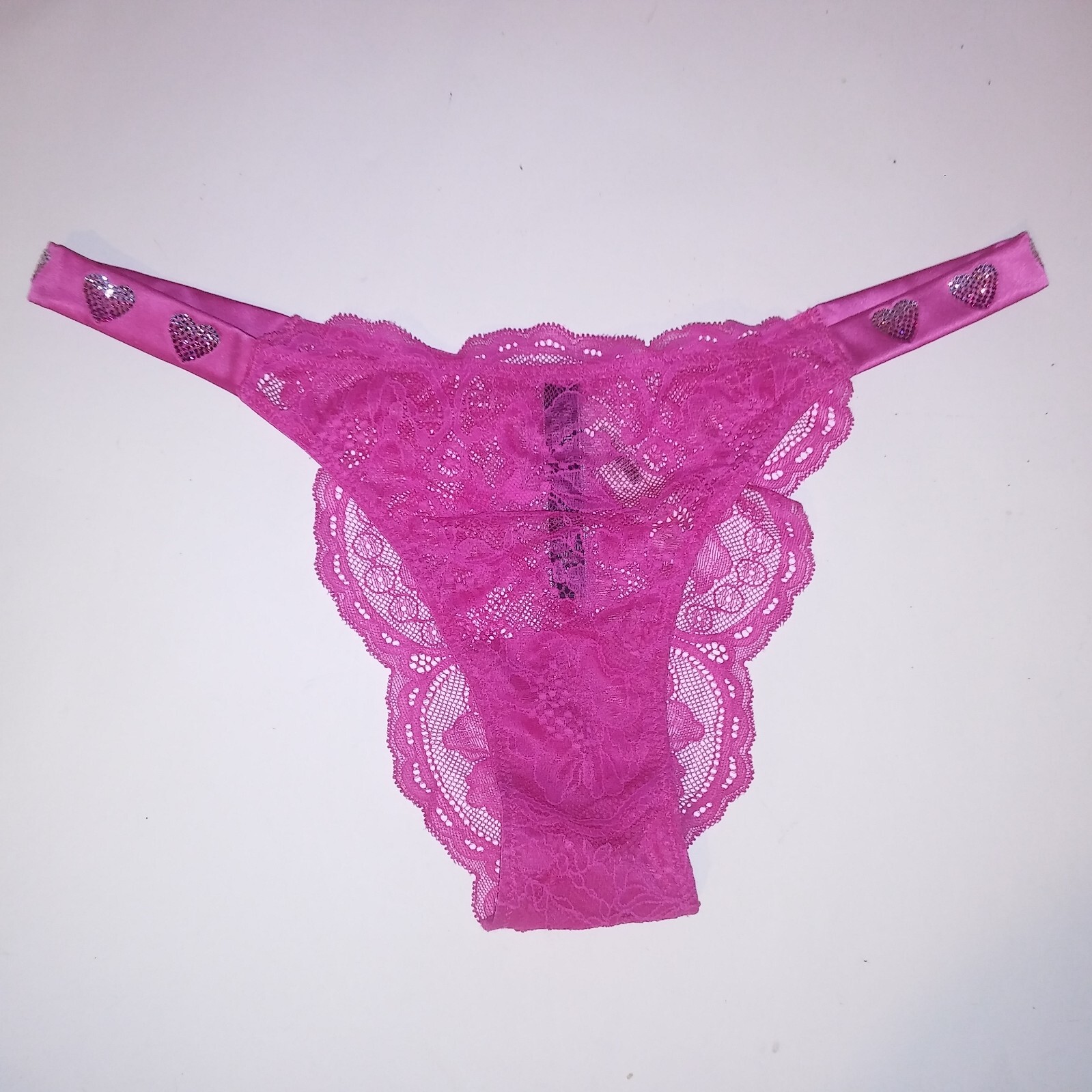 Victoria Secret Panty Medium Brazilian Shine Strap Hearts Solid Pink Lace New