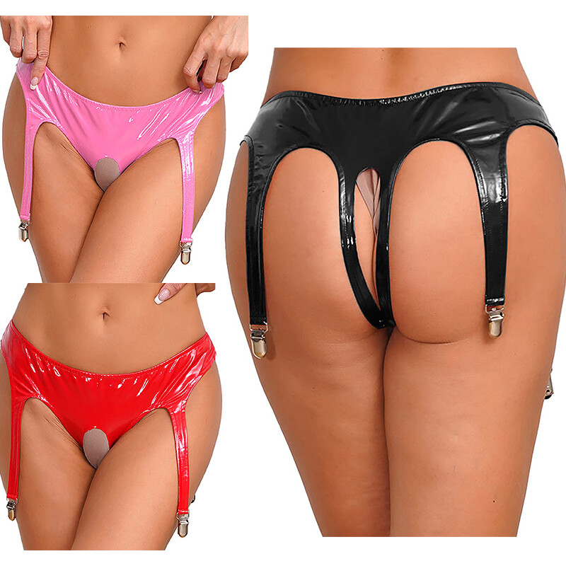 Womens Briefs Open Crotch Underwear Patent Leather Thong Halloween Clubwear