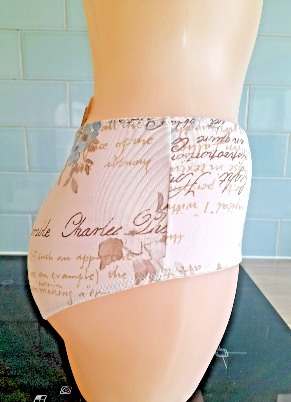 Atlantis Beige Multi Floral and Script POEM Hipster Shorts Style 3432