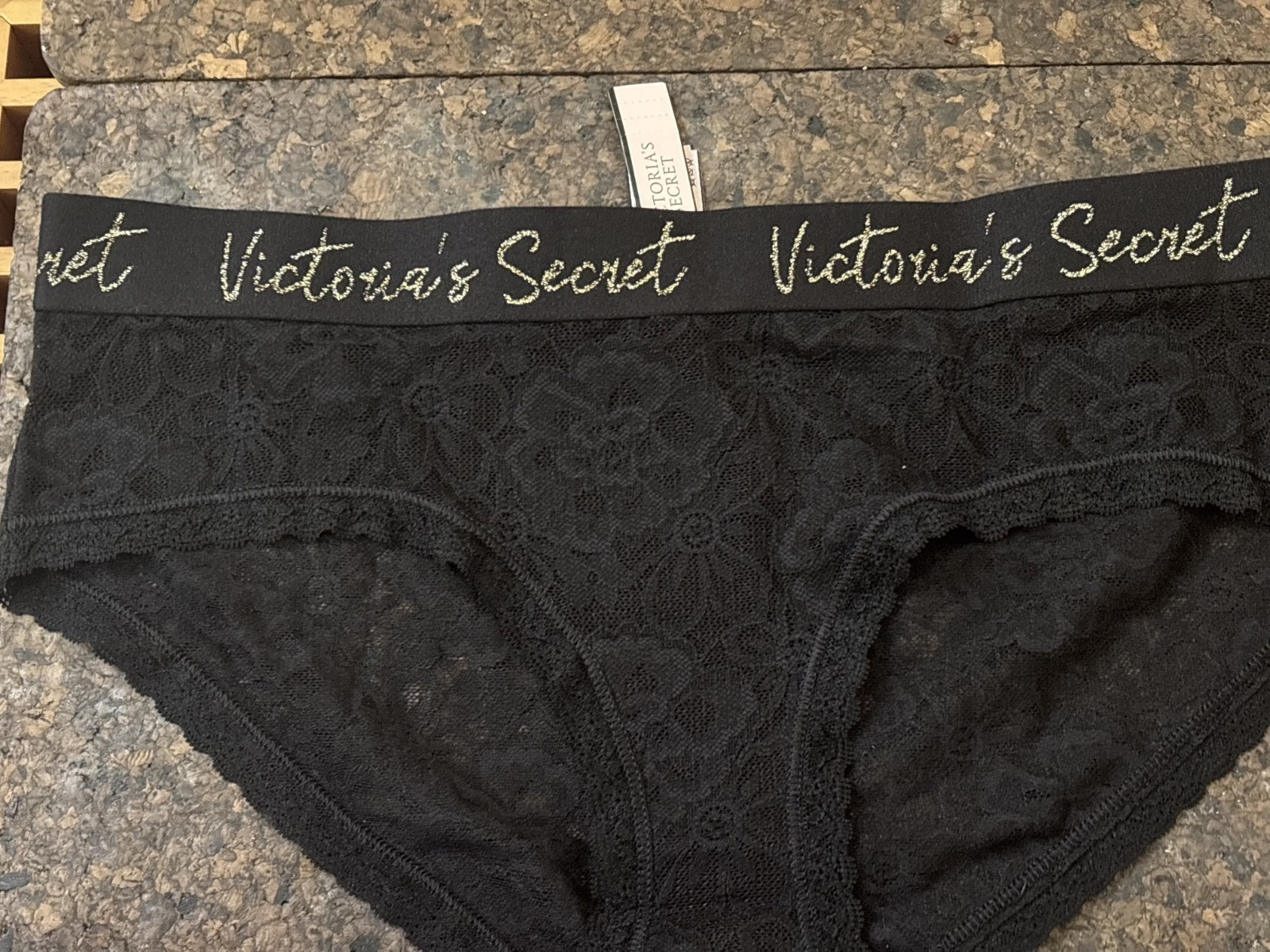 3 VS NWT Medium Rare Logo Lace Hiphugger Panties Black White Gold Premium Indiv.