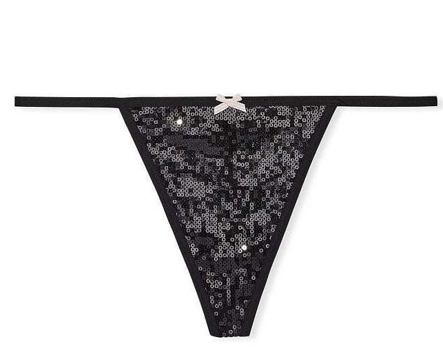 VICTORIA’S SECRET GRAY SILVER MESH SEQUIN BLACK BOW V STRING THONG PANTIES PANTY