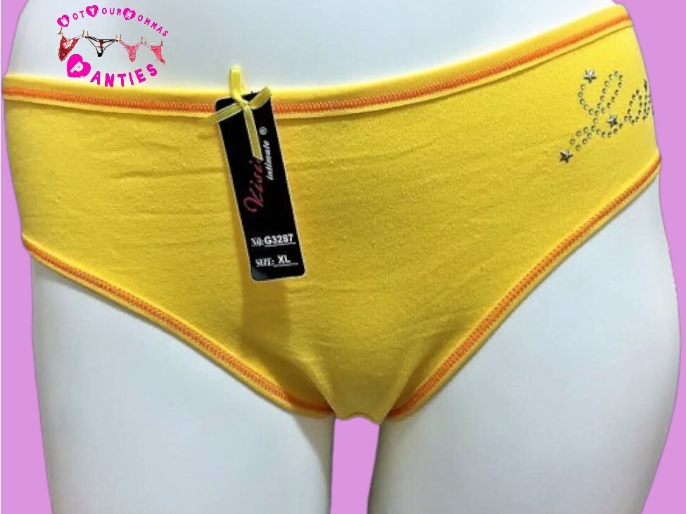 VISION INTIMATE solid yellow w/orange stitching hi-cut briefs w/rhinestones [XL]