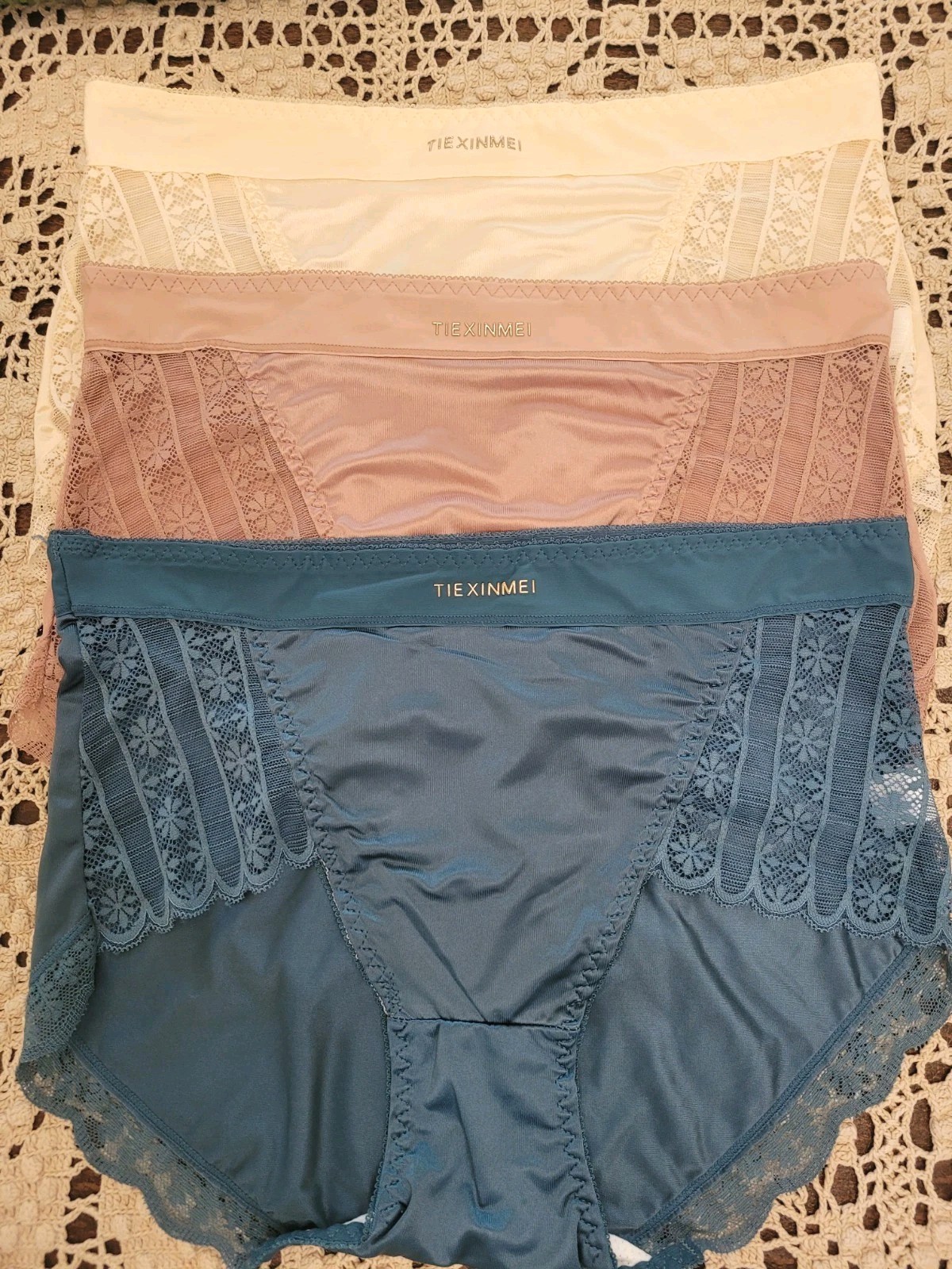 TIEXINMEI Logo Sexy Silky Satin Lace 3 Pr Panties Waist Brief Panties NWOT 12-14