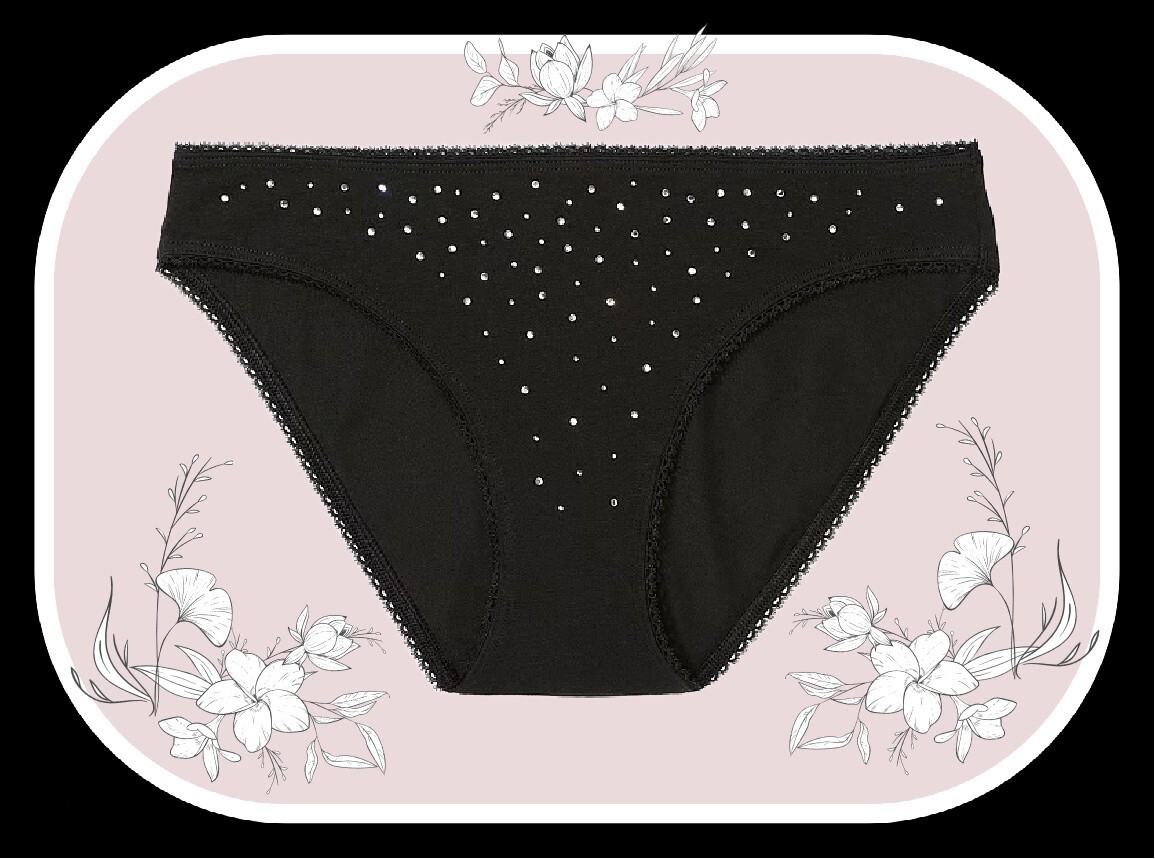 XXL NOIR BLACK Scatter Rhinestone Stretch Cotton Victoria’s Secret BIKINI Panty
