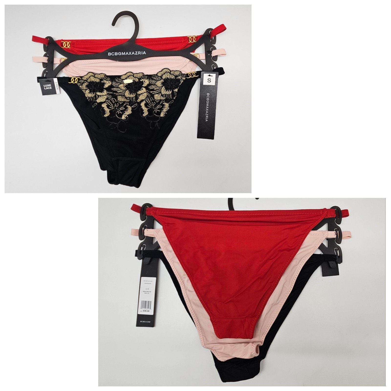 BCBGMaxAzria 3 Pack Women’s S M XL Lace Detail Cheeky Panties Red Beige Black