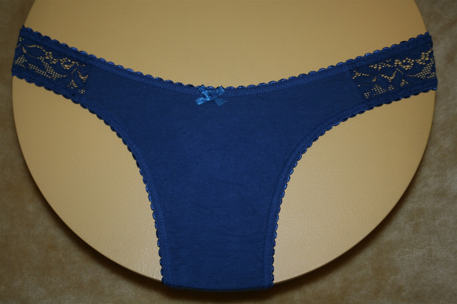 Dark Blue Thong With Shiny Bow & Floral Lace Mesh Panels On Hips – 40/42