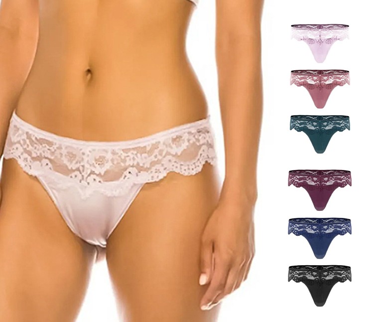 Women’s Satin & Lace Detail Tanga Stretch Colorful Bikini Briefs 12 Pack