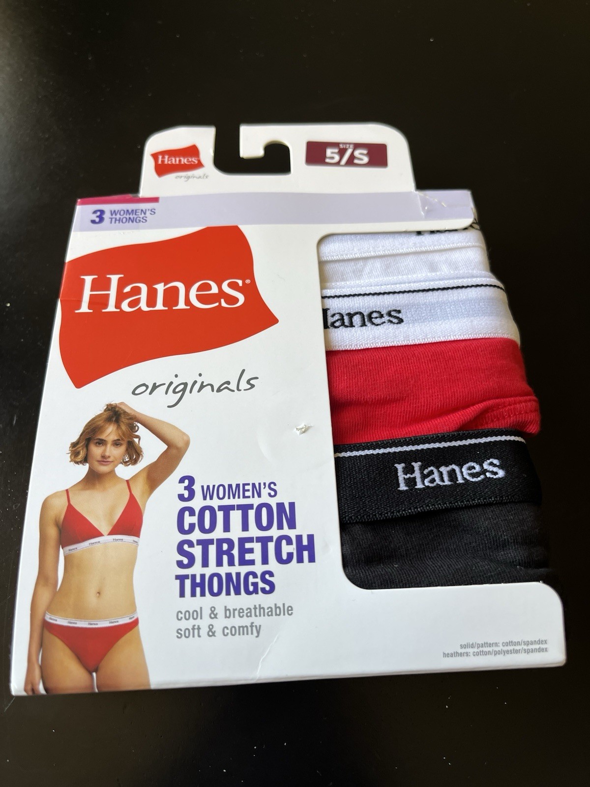 HANES Womens 3-Pack Cotton Stretch Thong Underwear Red White Black Size 5/S