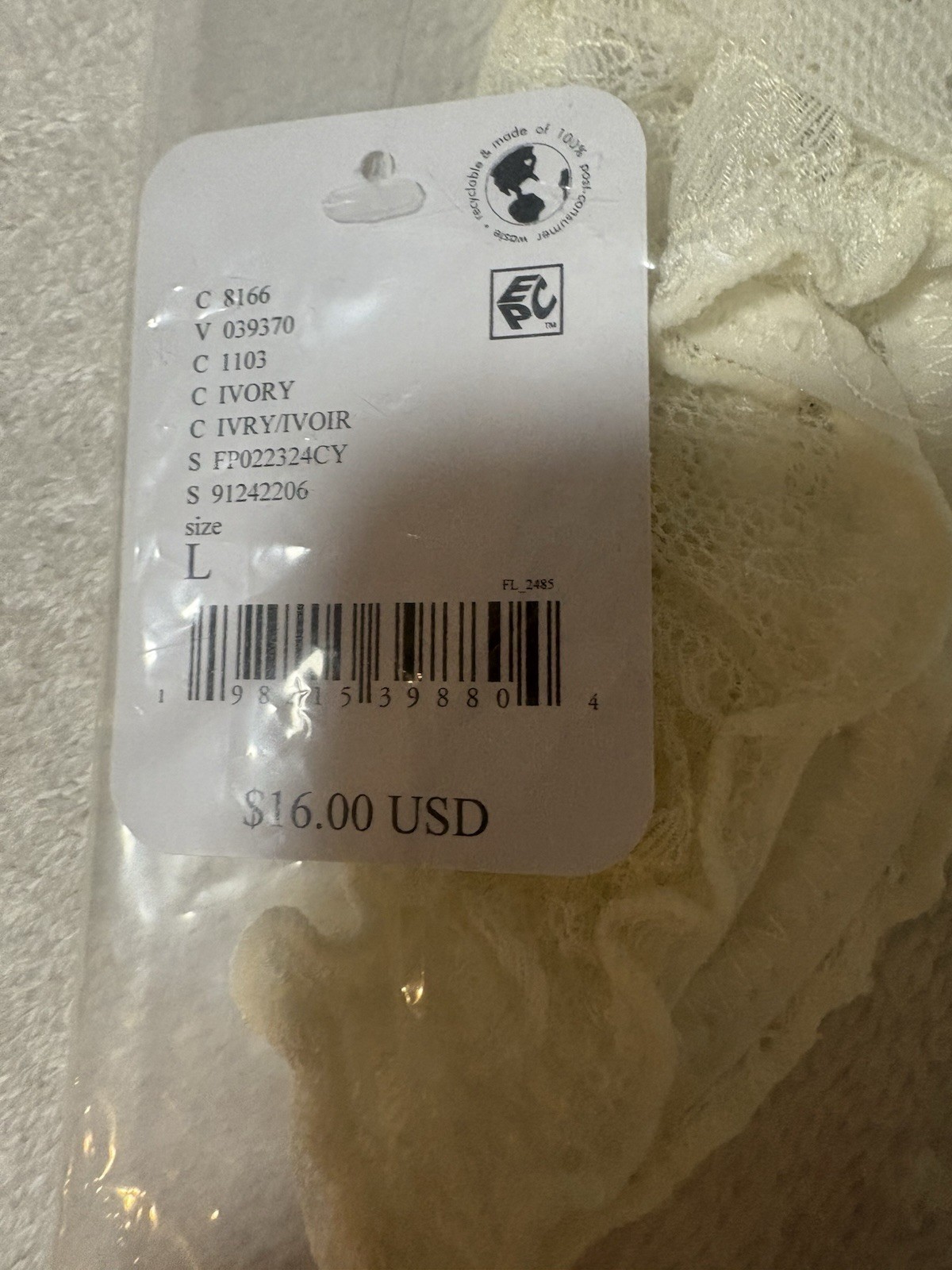 NWT Free People Underwear Women’s Large Gia Thong Panties Ivory