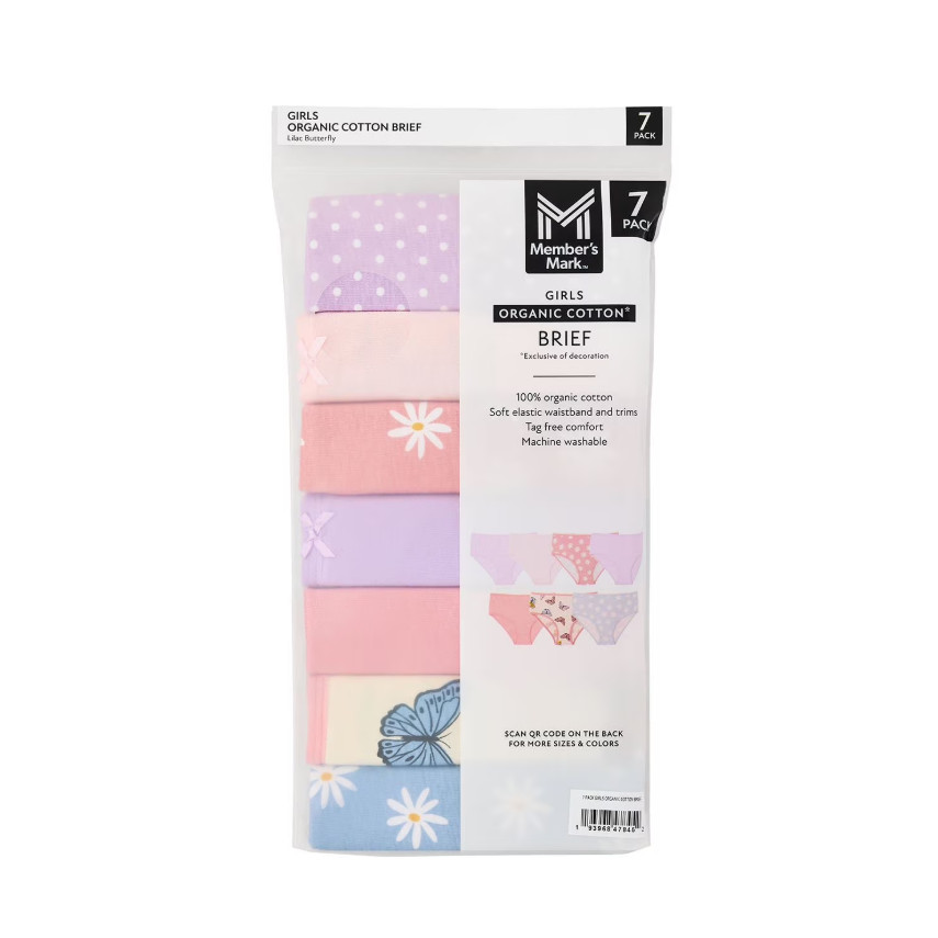 Member’s Mark Girls 7-Pack Organic Cotton Briefs Lilac Butterfly Print Size 4-16