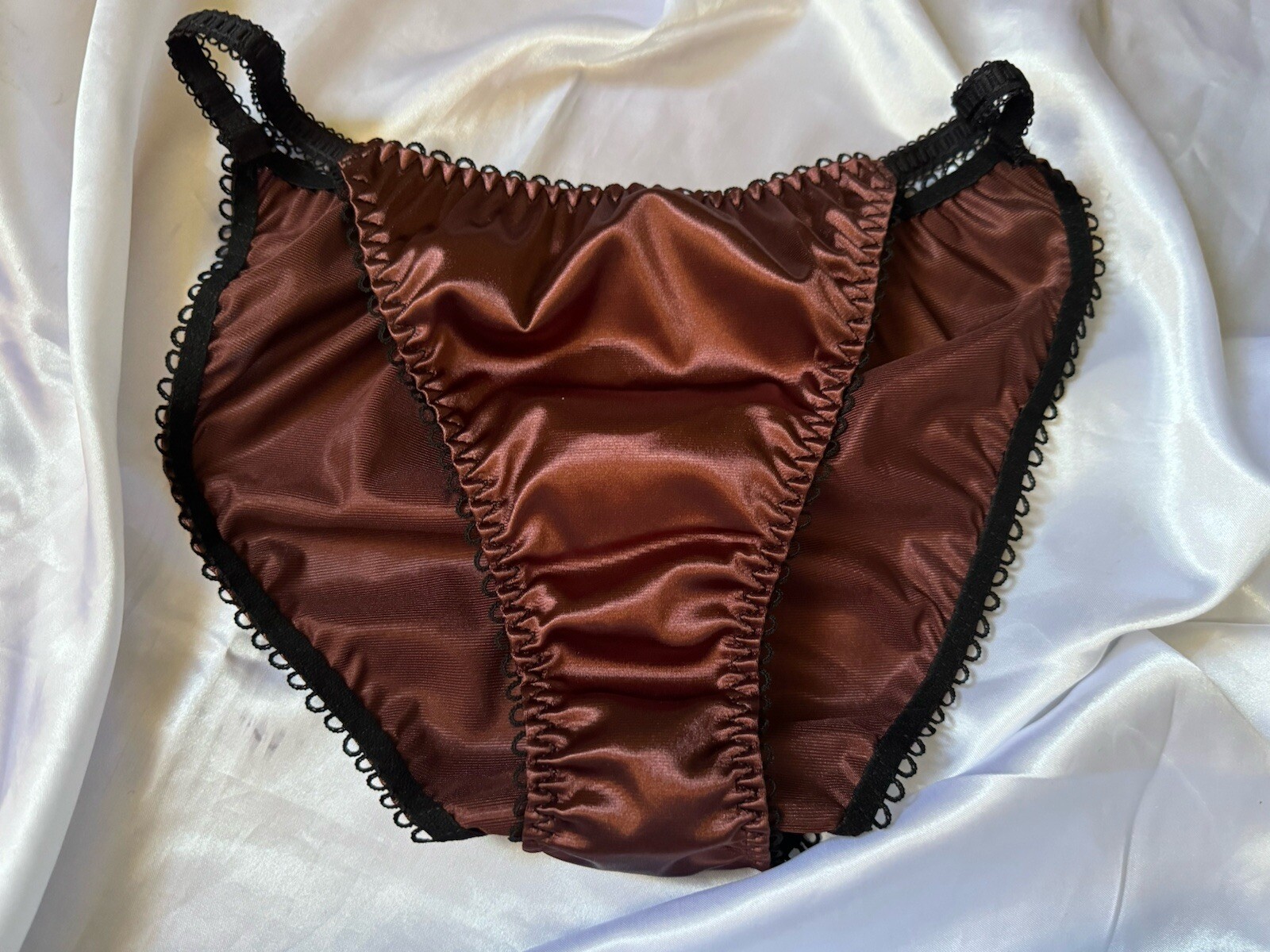 Rust Red Brown Satin String Bikini Panties Black Trim Sz Large