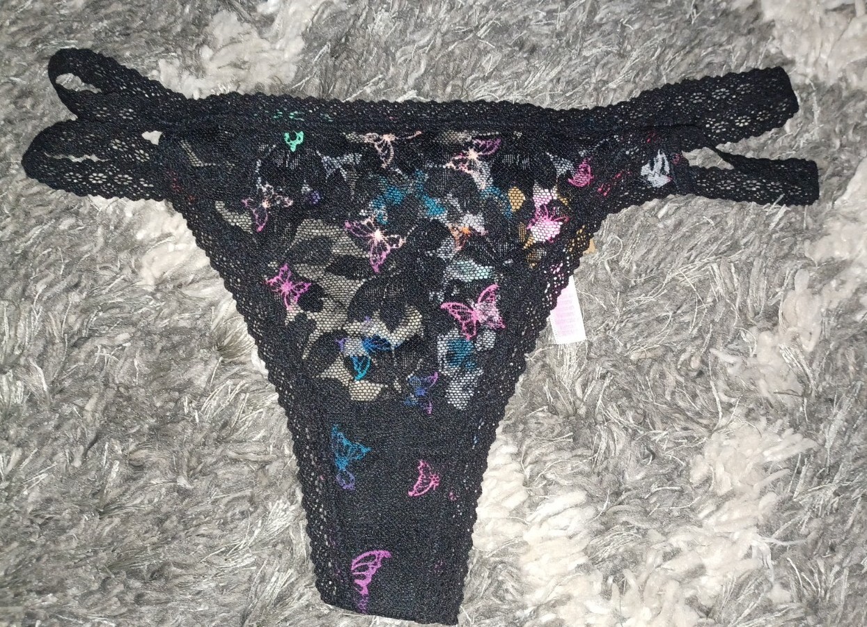 NeW Vs pink strappy lace thong Panty Size small black rainbow ombre butterfly