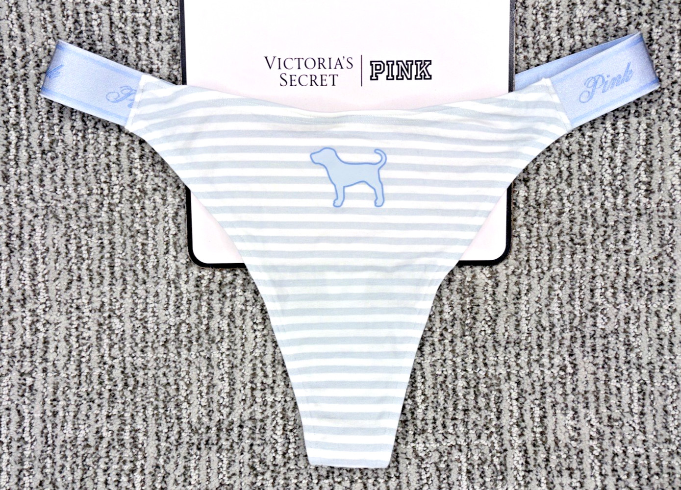 Victoria’s Secret PINK NWT Medium White Stripe Spellout Thong Panty Dog Sexy