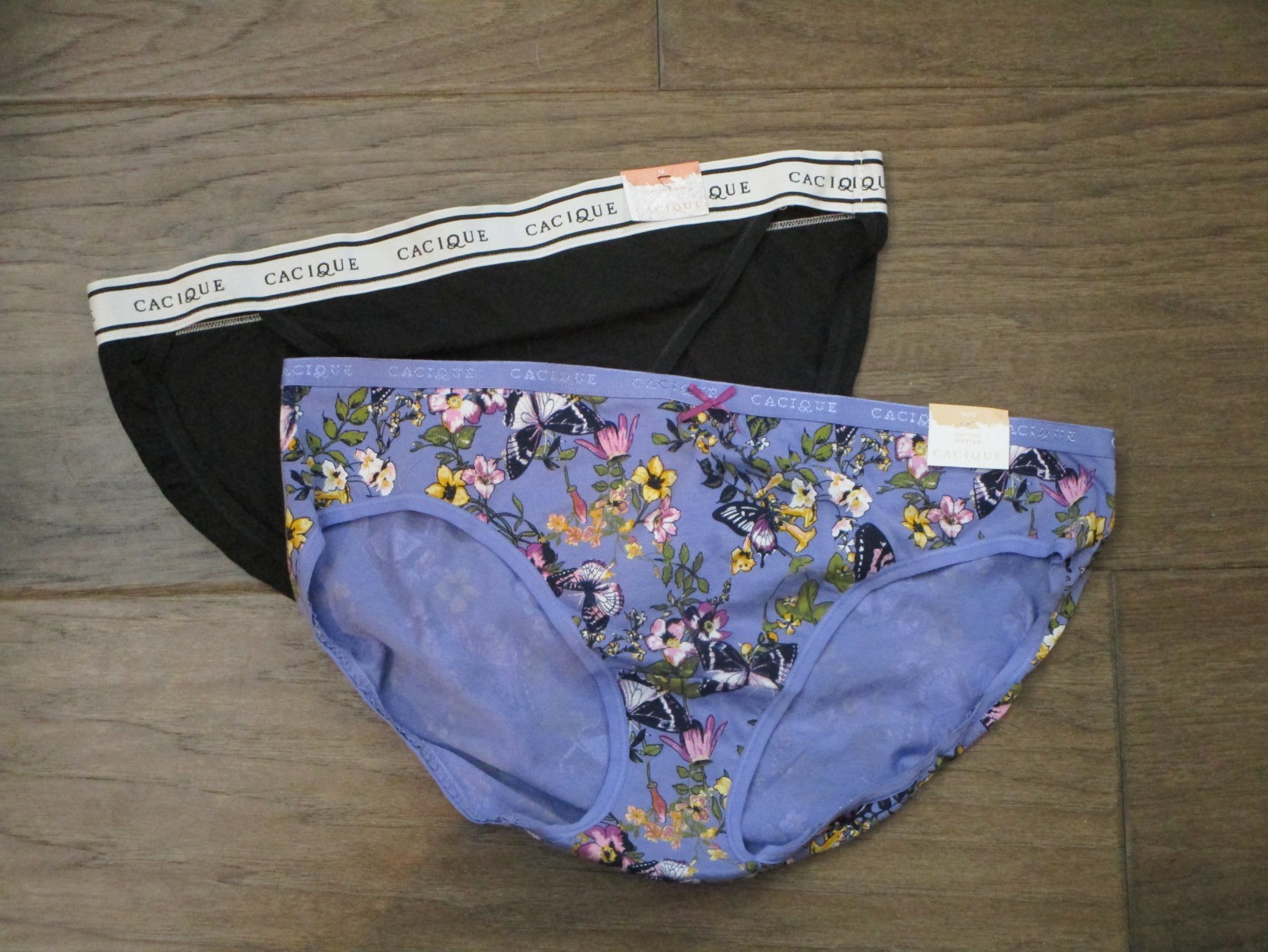 2-PACK CACIQUE COTTON HIPSTER/BIKINI PANTIES IN BLACK/ BLUE FLORAL SIZE 10/12