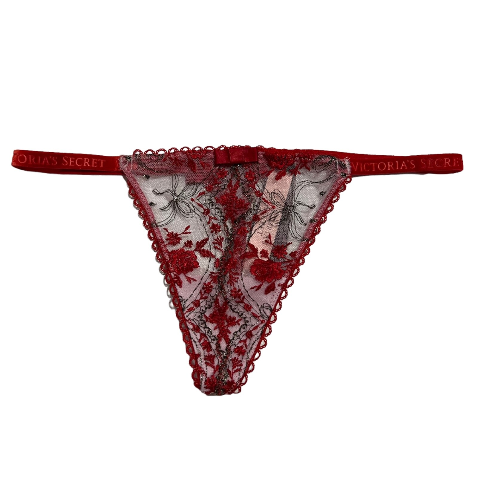 NWT VICTORIA’S SECRET Very Sexy V String Pantie Sz XS-M-L Red Floral Metallic