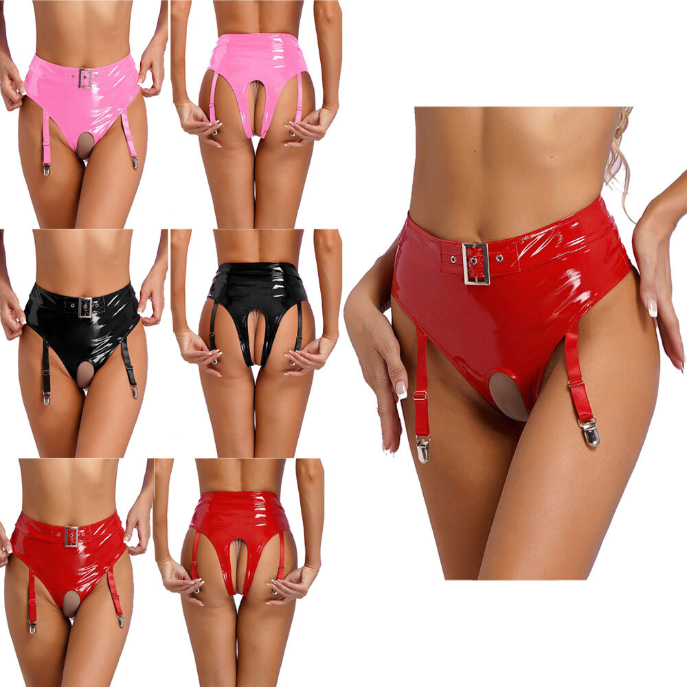 Women Exotic Underwear Open Crotch Briefs Leather Bottoms Metallic Thong