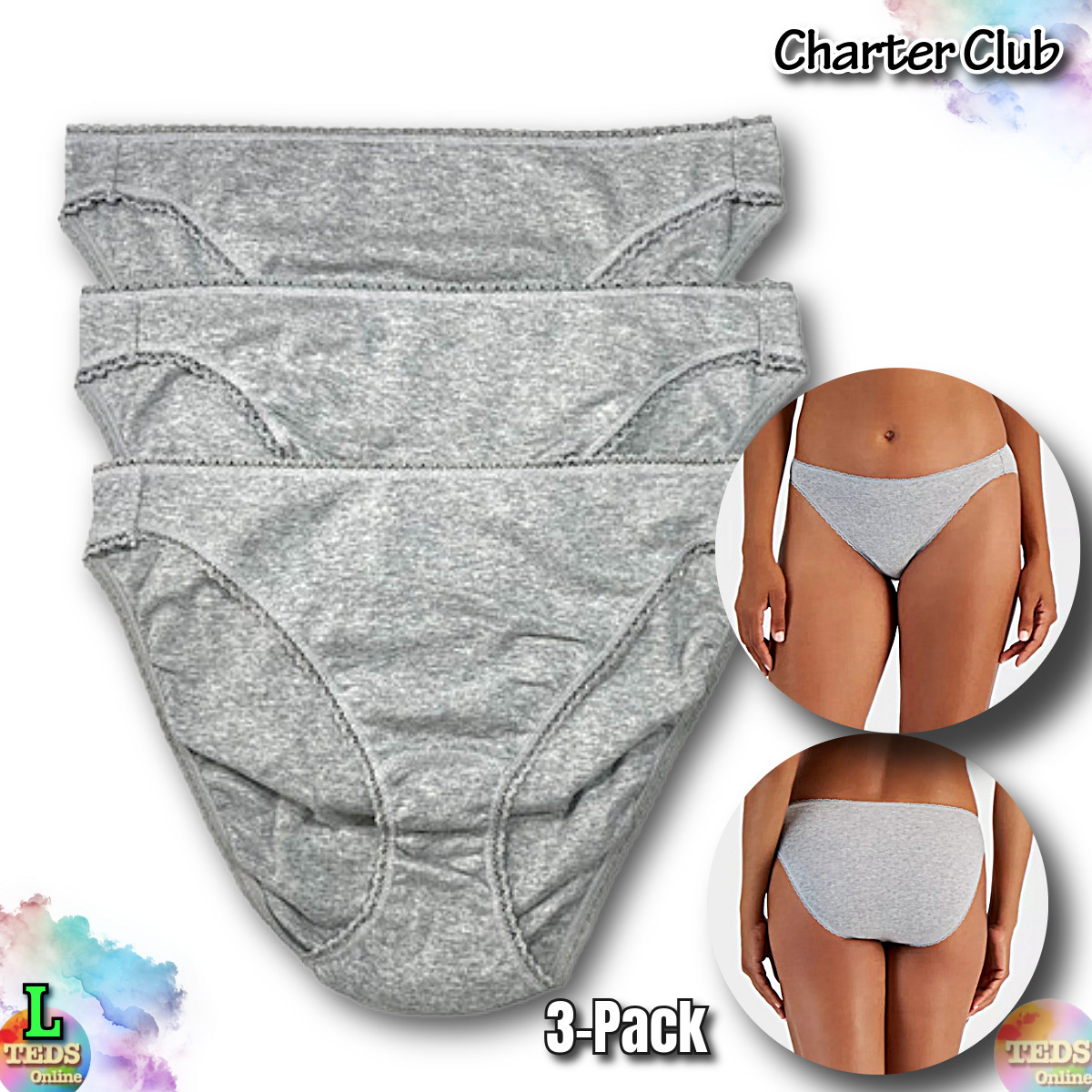 NWOT Charter Club Women’s L Hi-Cut Cotton Bikini 3-Pack, Gray Lace