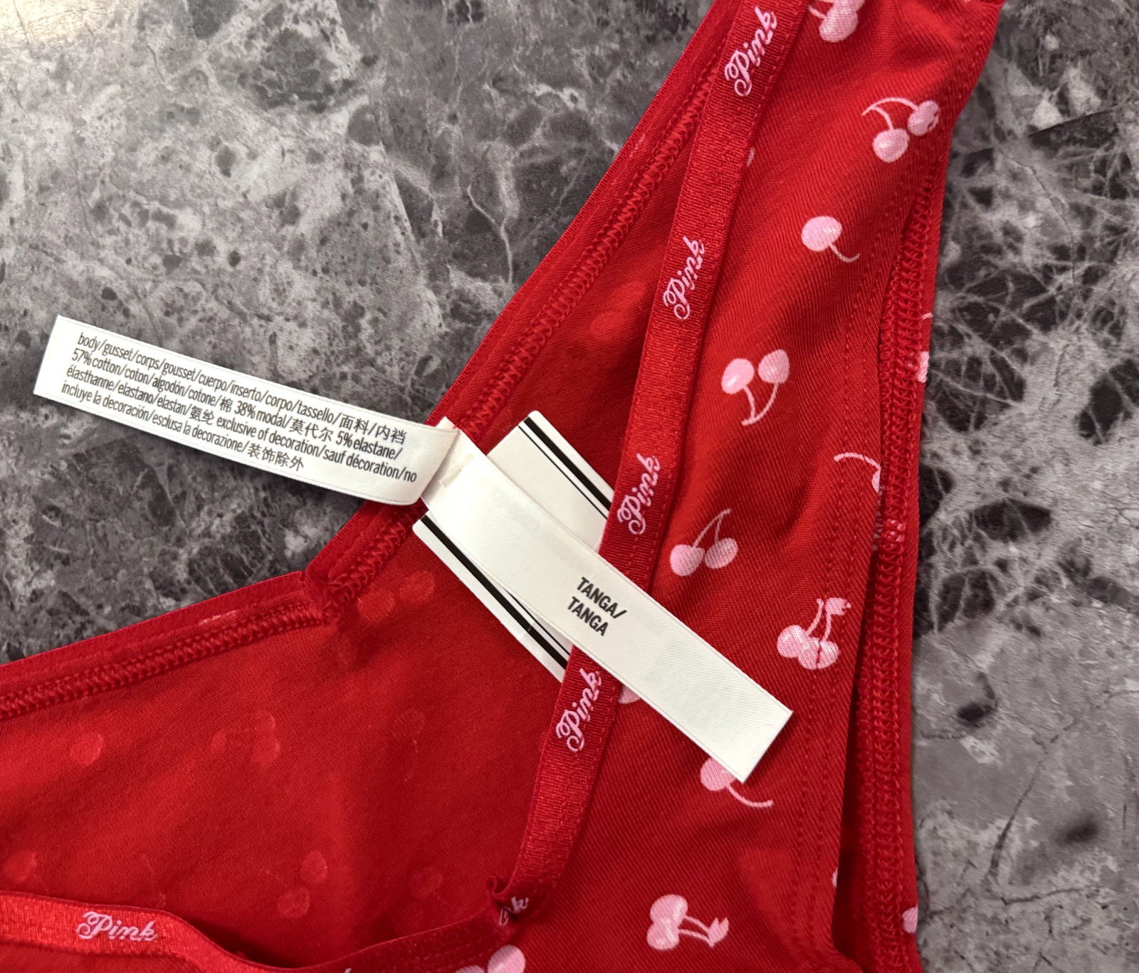 NWT VICTORIA’S SECRET PINK CHERRY PRINT LOGO BAND V STYLE TANGA CHEEKY PANTIES