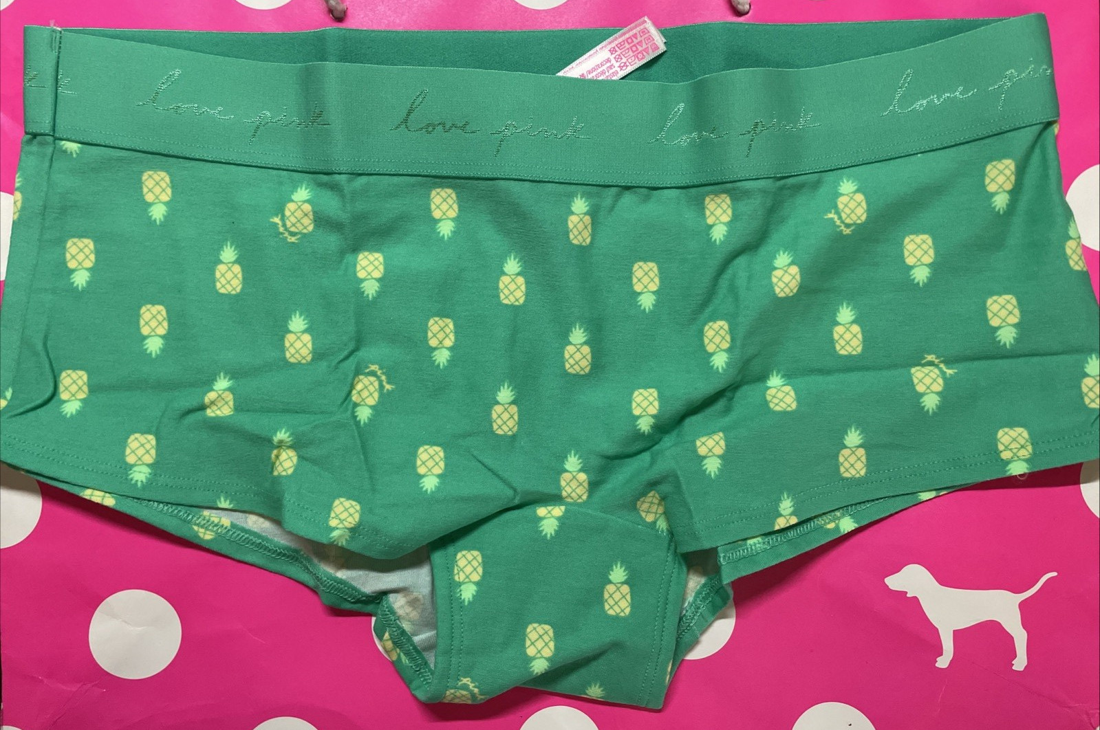 NEW 2021 Victoria Secret PINK Low Rise Boyshort Wide Logo Band Panty L Pineapple