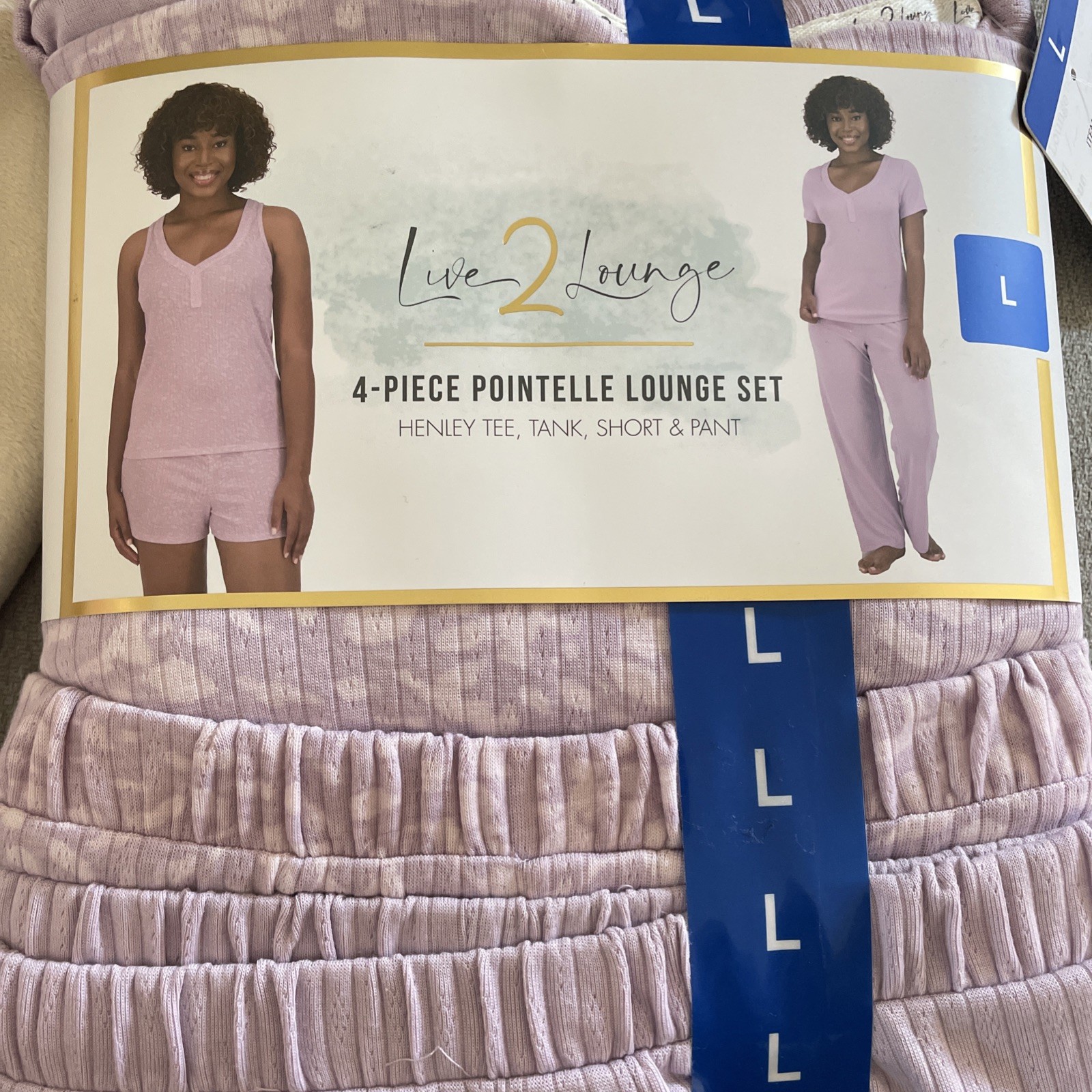Live 2 Lounge Women’s 4 Piece Pointelle Lounge Wear Pajama Set, Purple,Large NWT