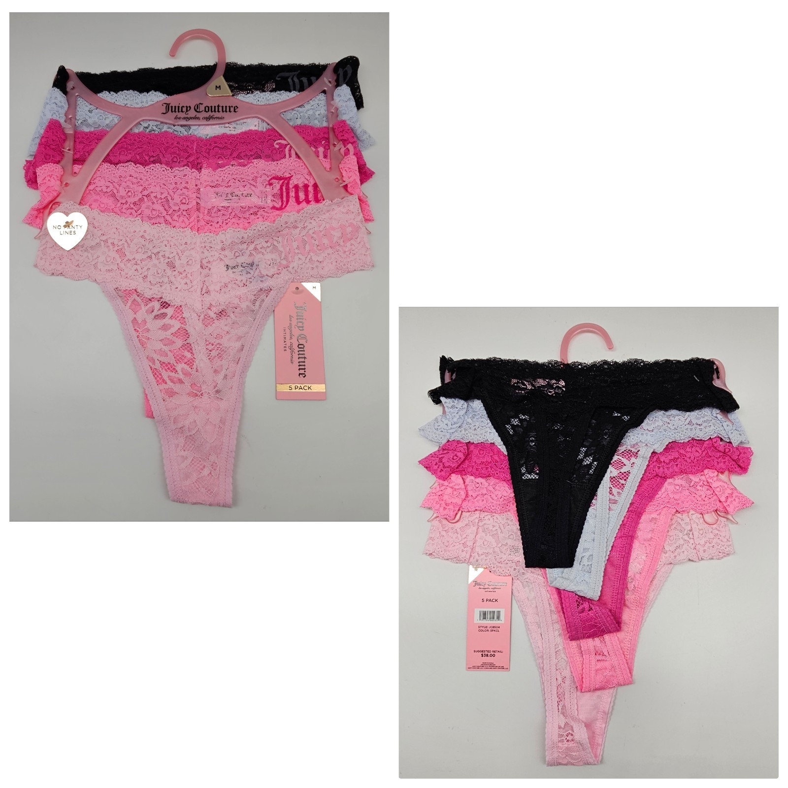 5 Pack JUICY COUTURE Womens M XL Lace Logo Thong Panties Black Blue Fuchsia Pink
