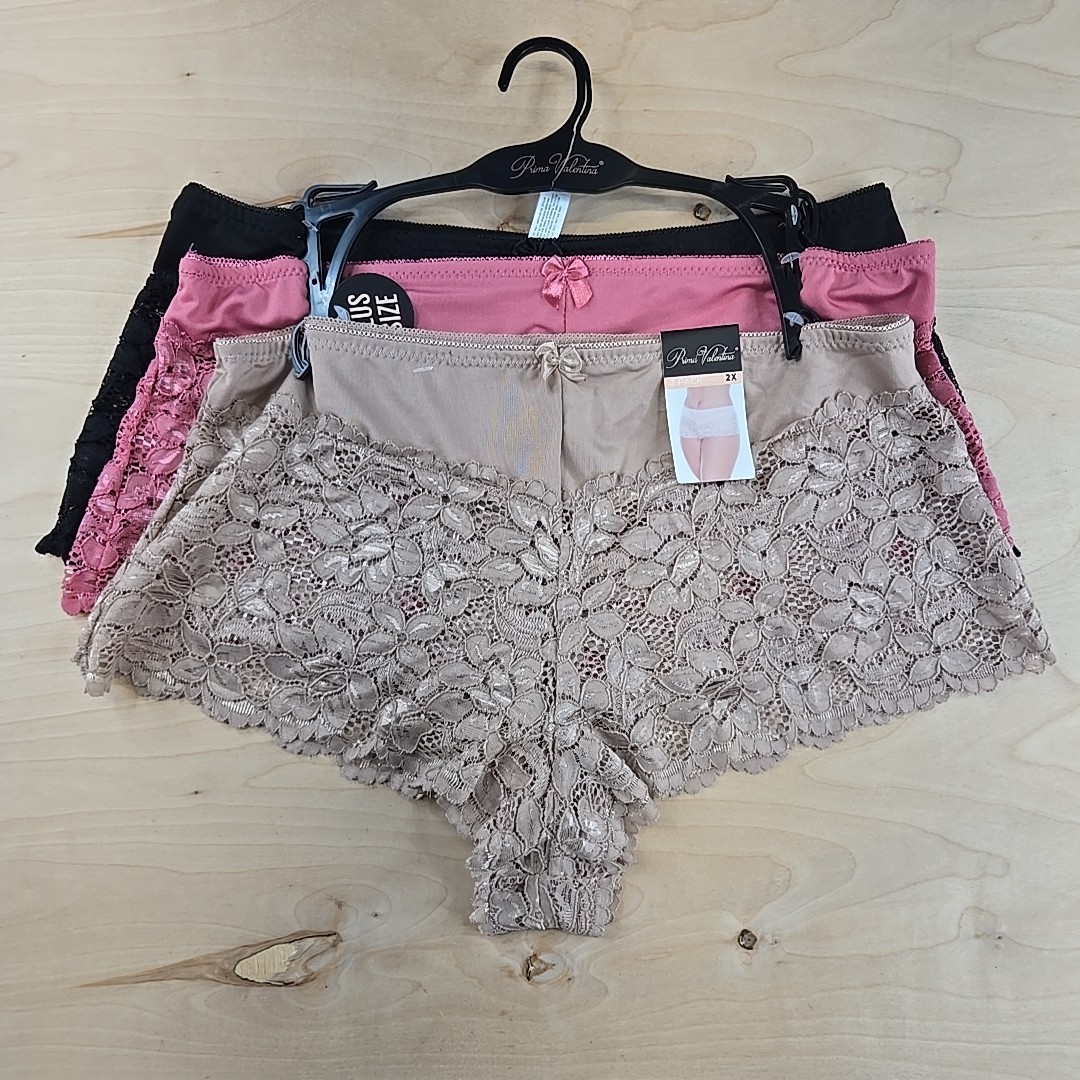 PRIMA VALENTINA 2X PLUS SIZE 841035X BG/PK/BL LACE BOYSHORT PANTIES NEW 3PK