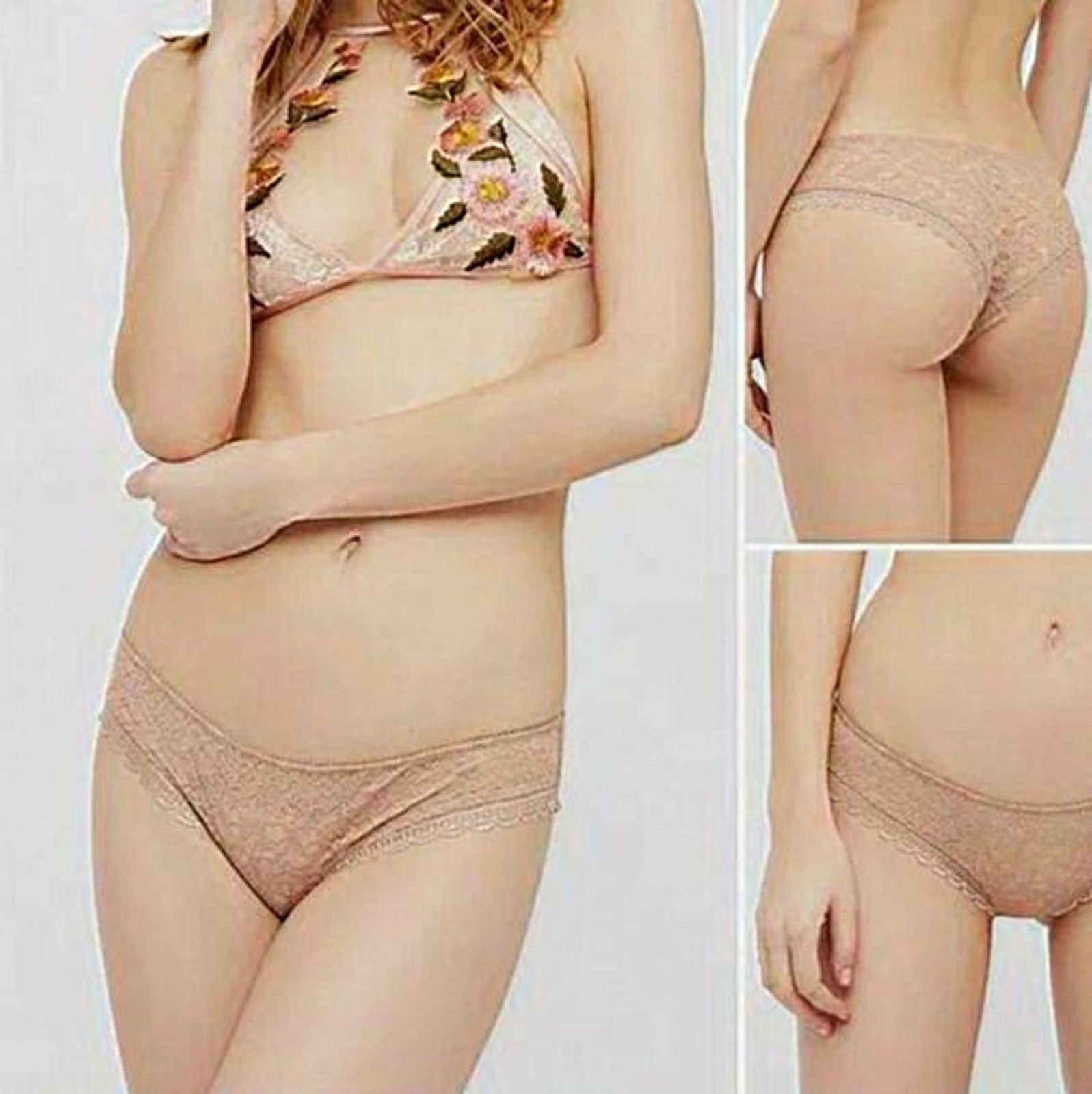 Free People Panty Womens Medium Sheer Floral Lace Hipster Cheeky Brief‎ Nude M