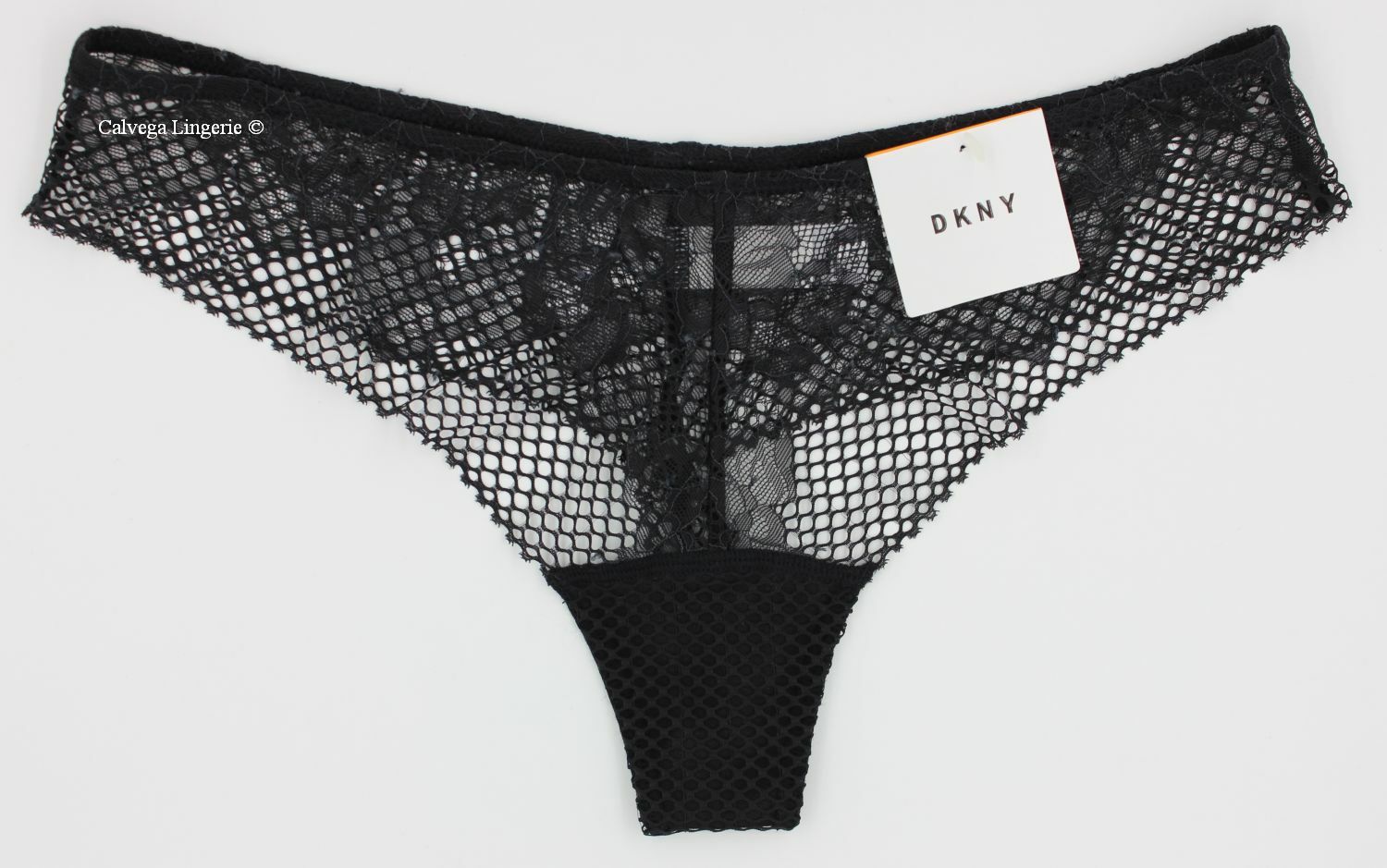 NWT DKNY DK4051 “Soft Tech” Low Rise Fishnet Lace Thong, Black (B7P)