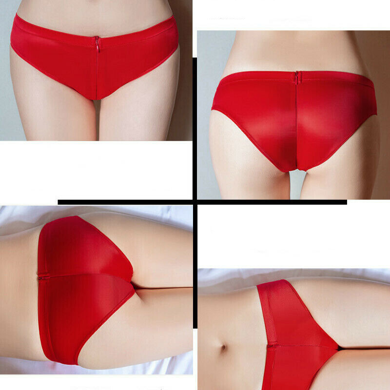 Women Zip Open Crotch Panties See Through Briefs Shiny Glossy Underwear Lingerie