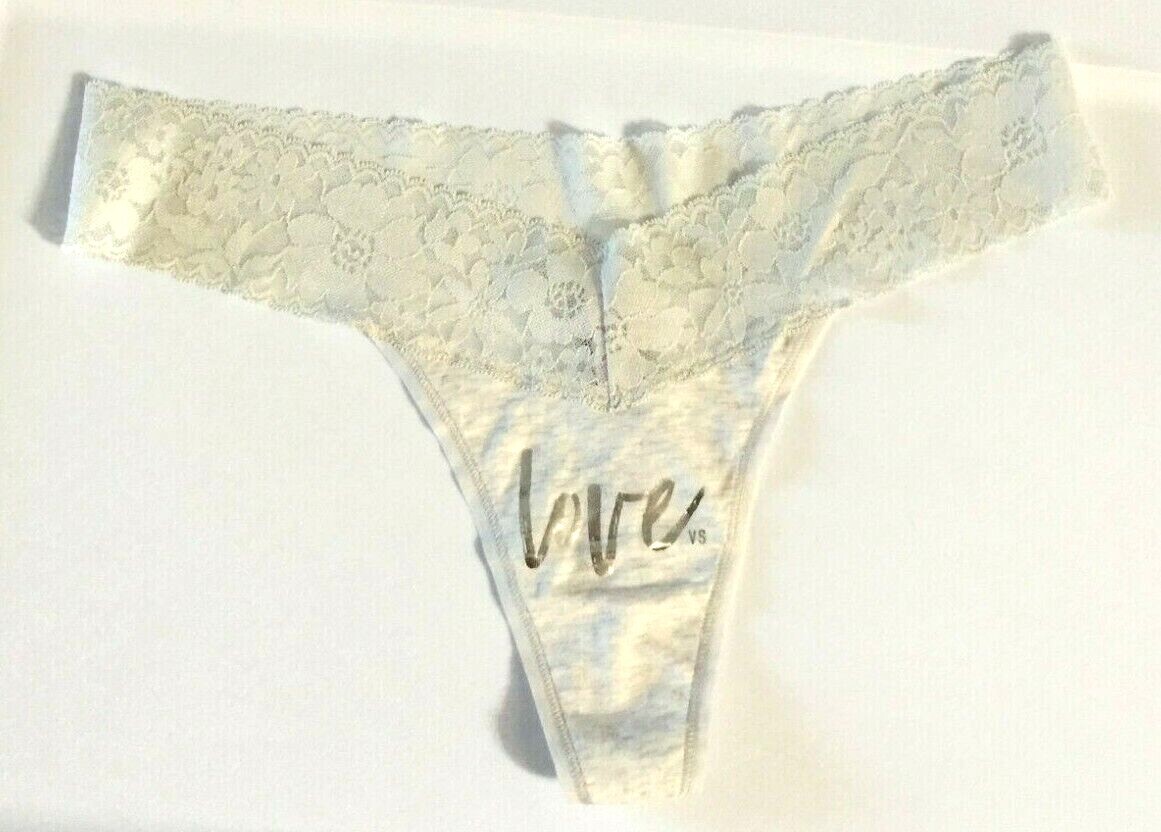 Victorias Secret “Love VS” Gray Thong Panties Size XL Lace Waist Graphic Front