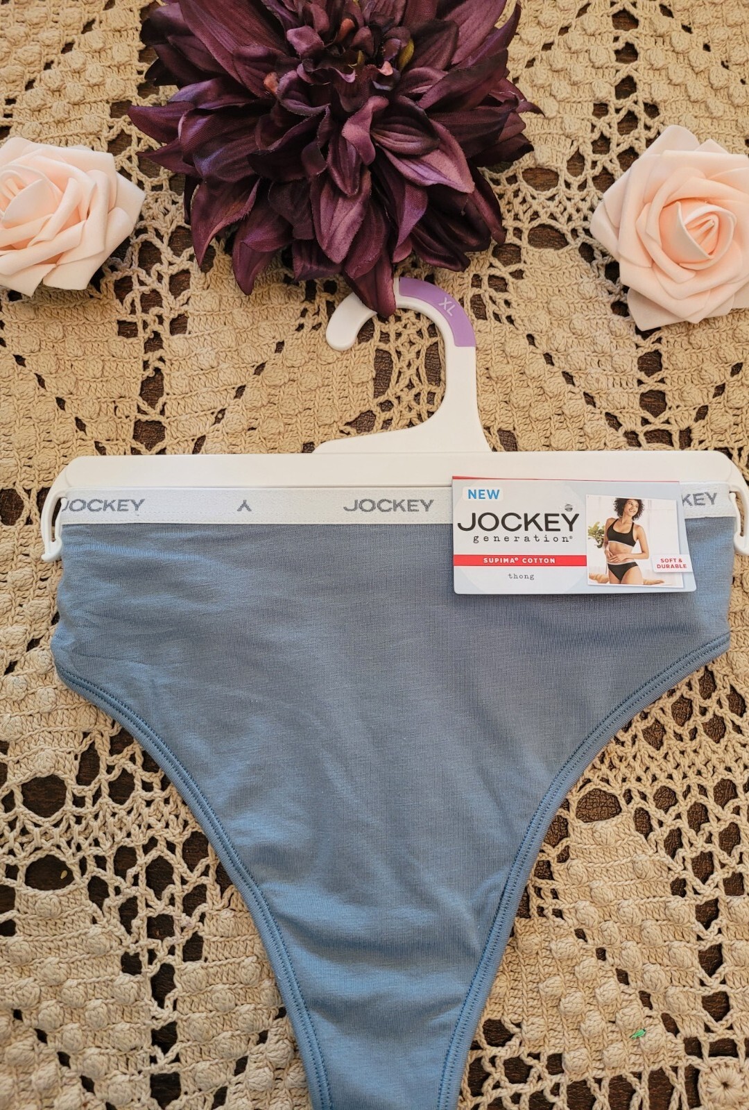 Rare JOCKEY GENERATION LOGO Supima Cotton Thong Blue 8/ XL Soft Durable NWT