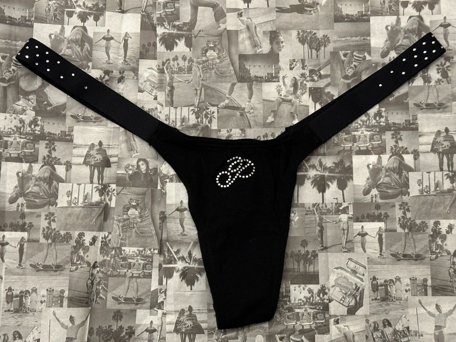 NWT Victoria’s Secret PINK Logo Cotton Shine Micro Thong Panty Black Diamante L