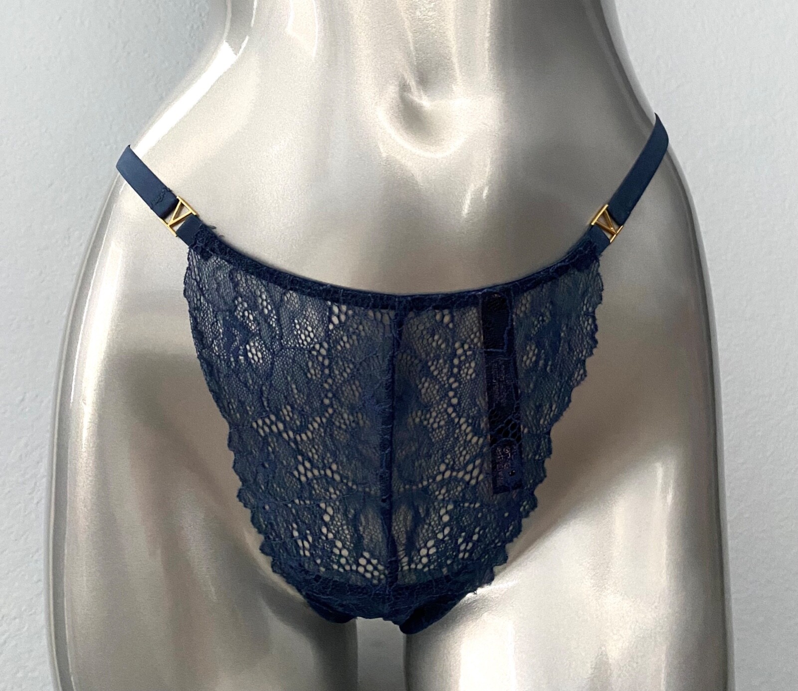 Victoria’s Secret V String Panty Midnight Sea Blue Gold Hardware String M L XL