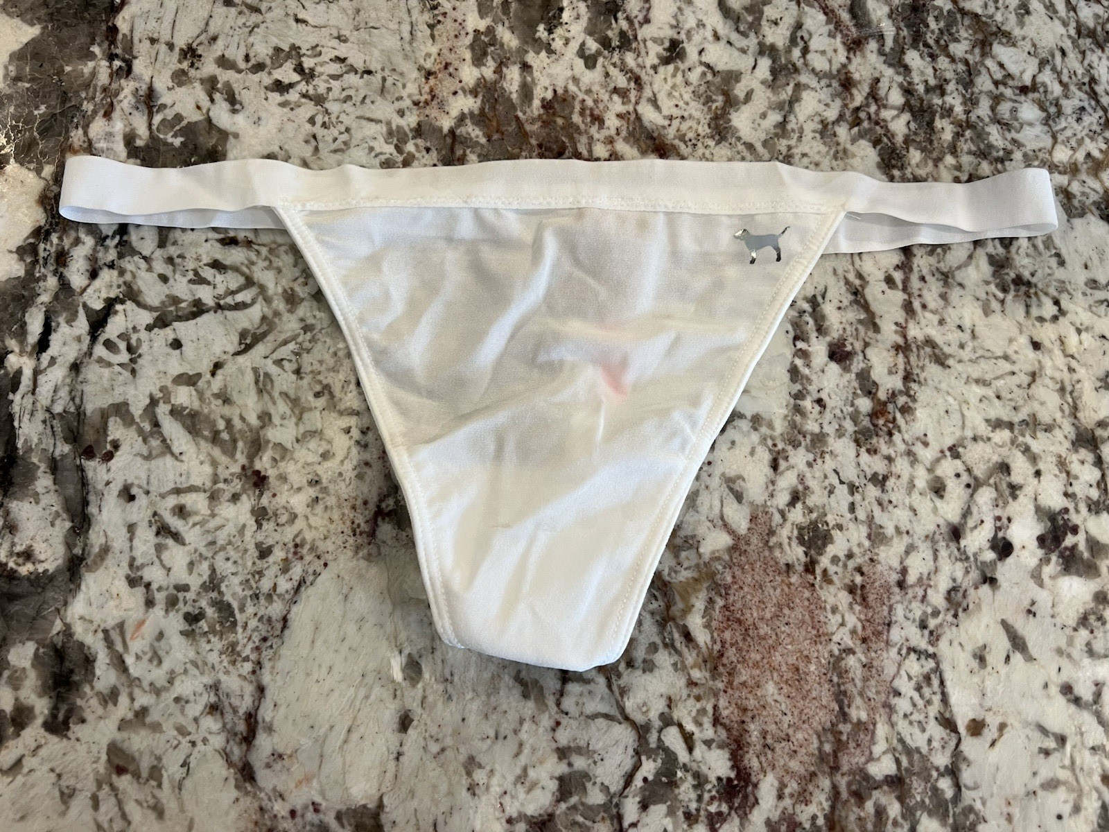 NWT Victoria’s Secret PINK White Silver Dog Logo No Show V String Thong Panty L