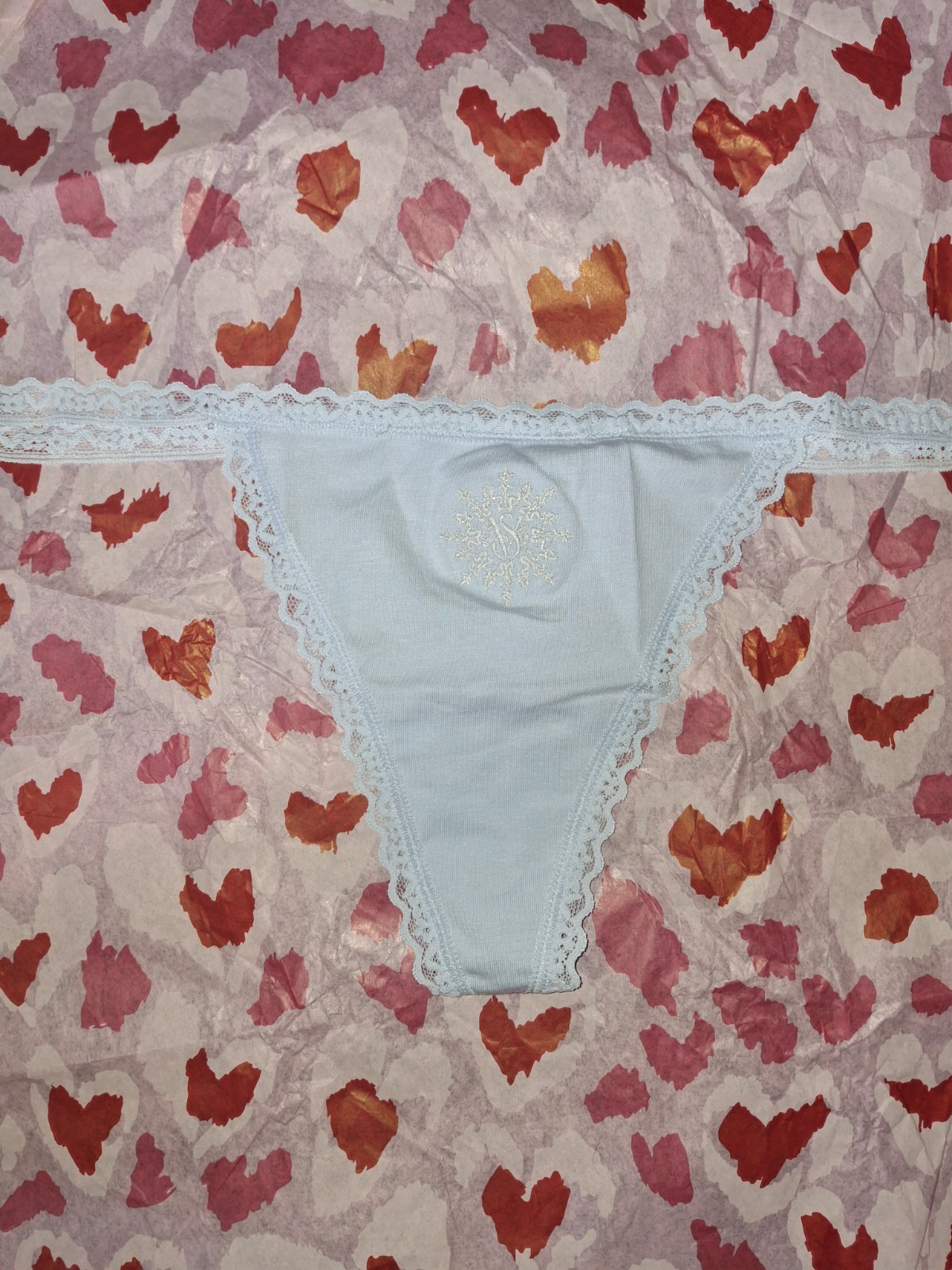 NeW Vs lace trim Cotton V-string Panty XL Lt Blue Embroidered Snowflake Logo