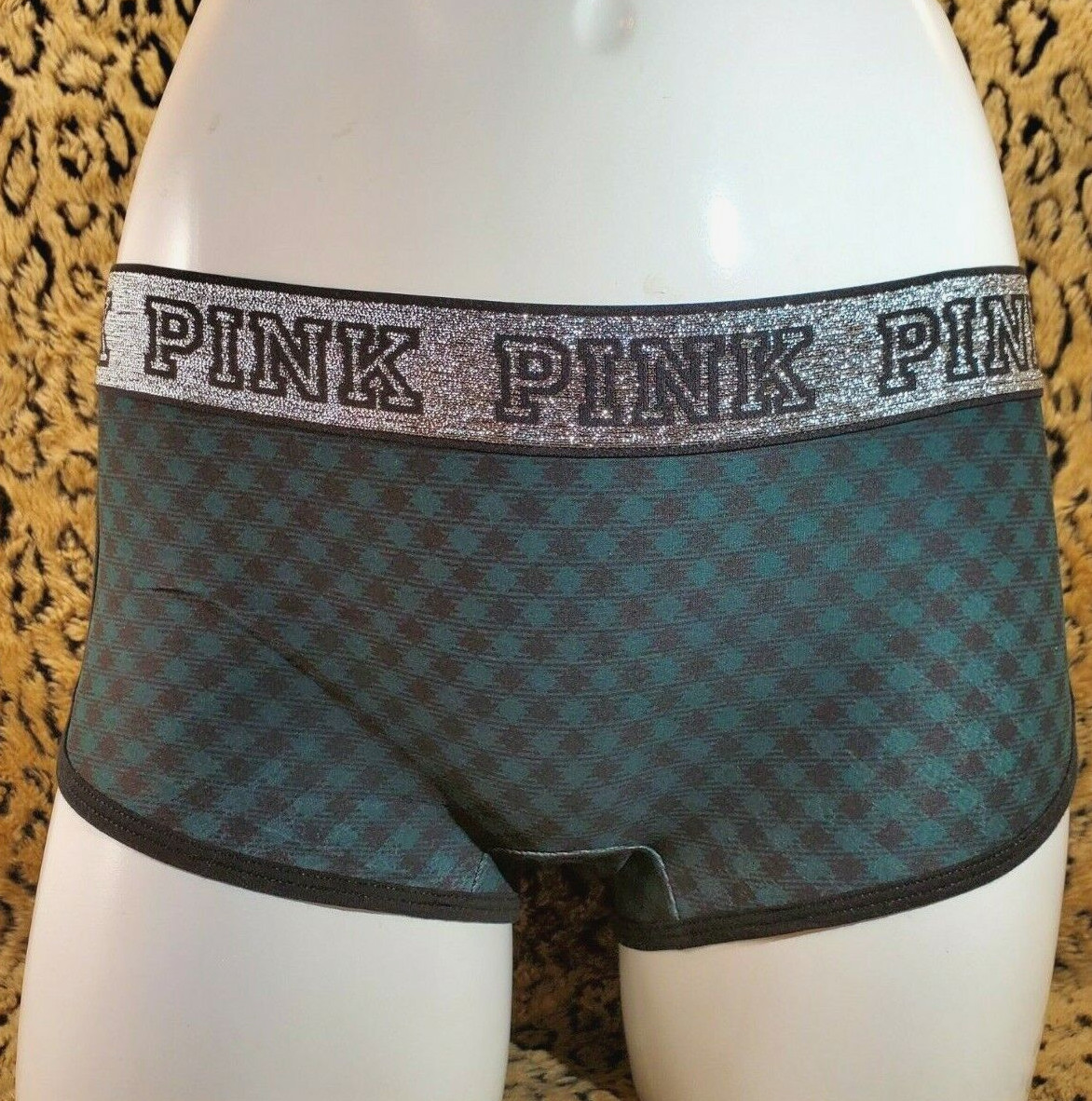 Victoria’s Secret PINK Glitter Logo Green Plaid Low Rise Boy Shorts L Sexy