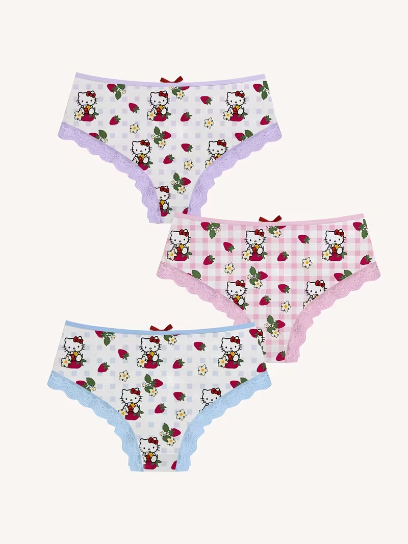Sanrio Hello Kitty Cartoon Cute Kawaii Strawberry Brief Panties – Pack of 3