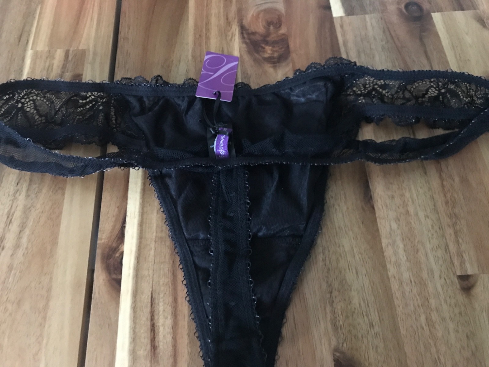 Figleaves black gold semi sheer THONG uk 8 sheer back new
