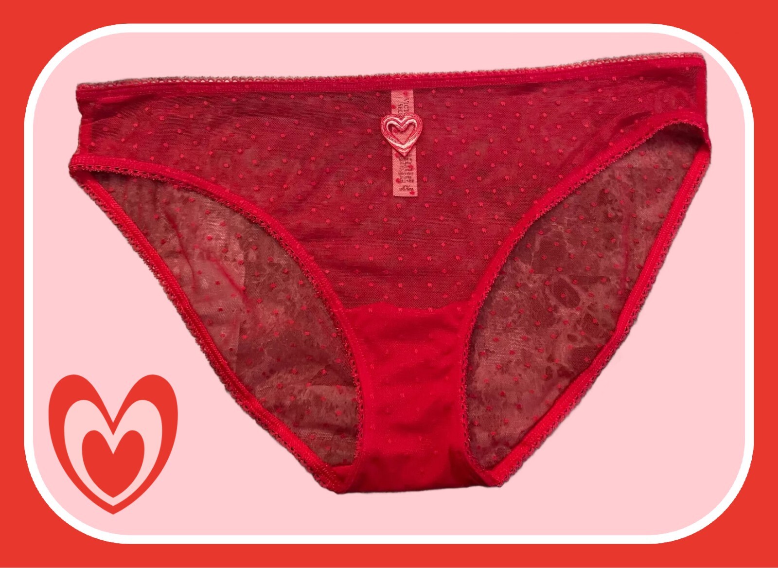 XXL All Bold Red Polka Dot Mesh w Heart Stretch Victoria’s Secret BIKINI Panty