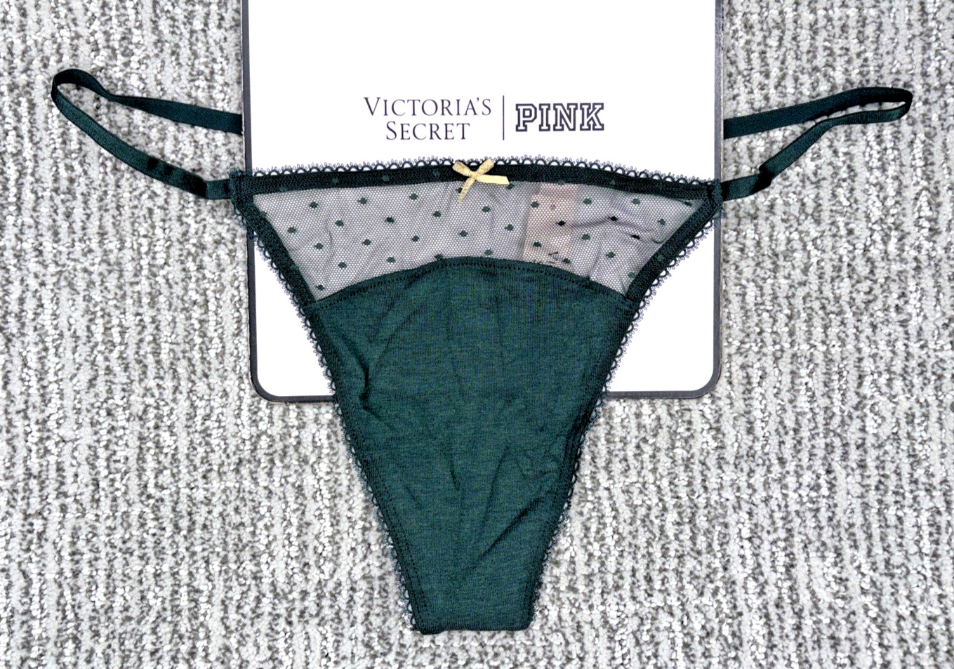 Victoria’s Secret NWT XL Green Lace Trim V String Panty Sexy Mesh Bow Cute