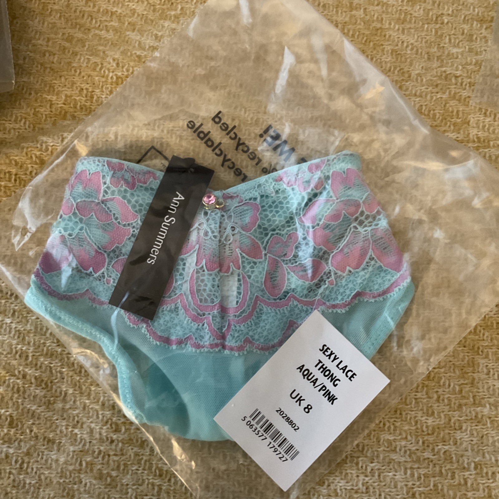 Ann Summers Sexy Lace Planet Thong Size 8 – New With Tags – Aqua / Pink