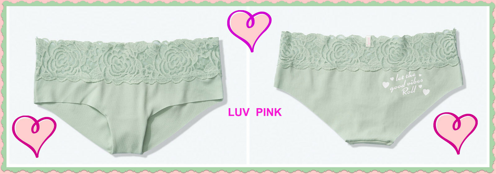 L Soft Sage Green PINK Cotton NO SHOW Victorias Secret Hipster Hiphugger Pantie