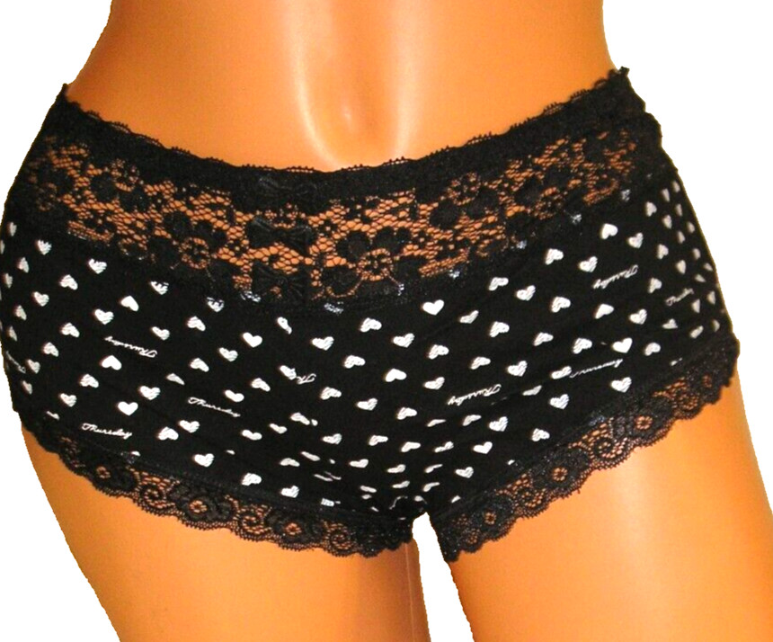 Panties Lingerie Lace Trim Black White Heart Print Hipster XL / XXL Adult Gift