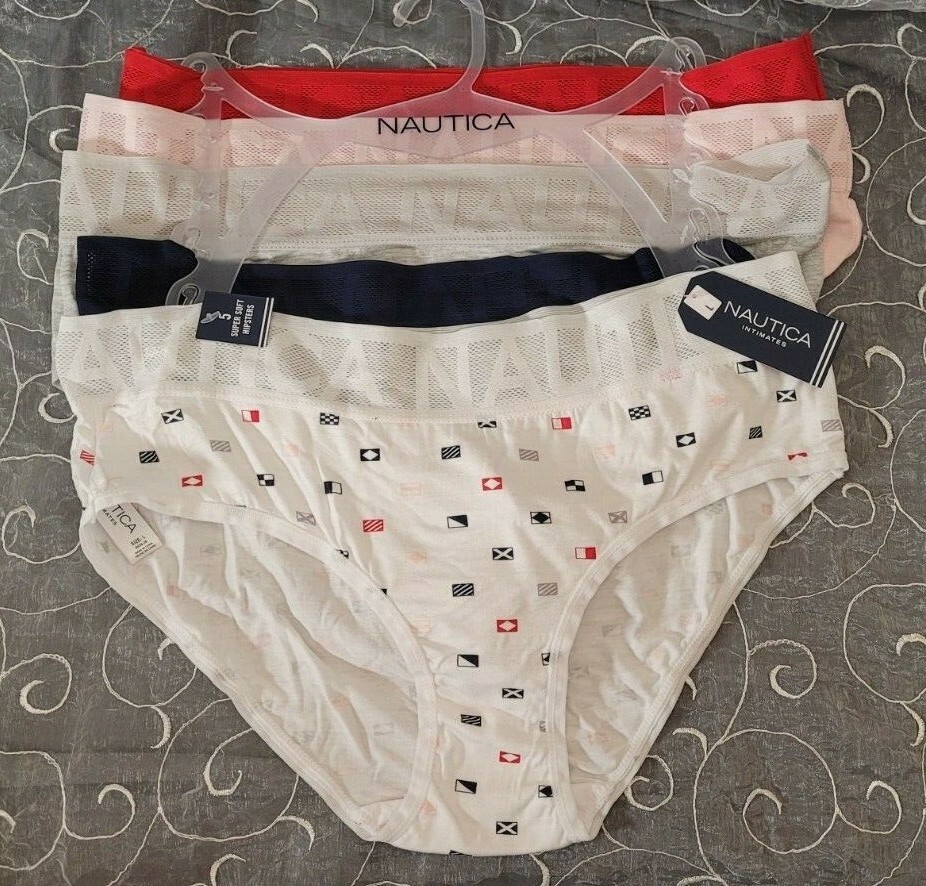 Nautica 5 Super Soft Hipsters L White w/Flag Print Navy Gray Pink Red SHIPS FREE