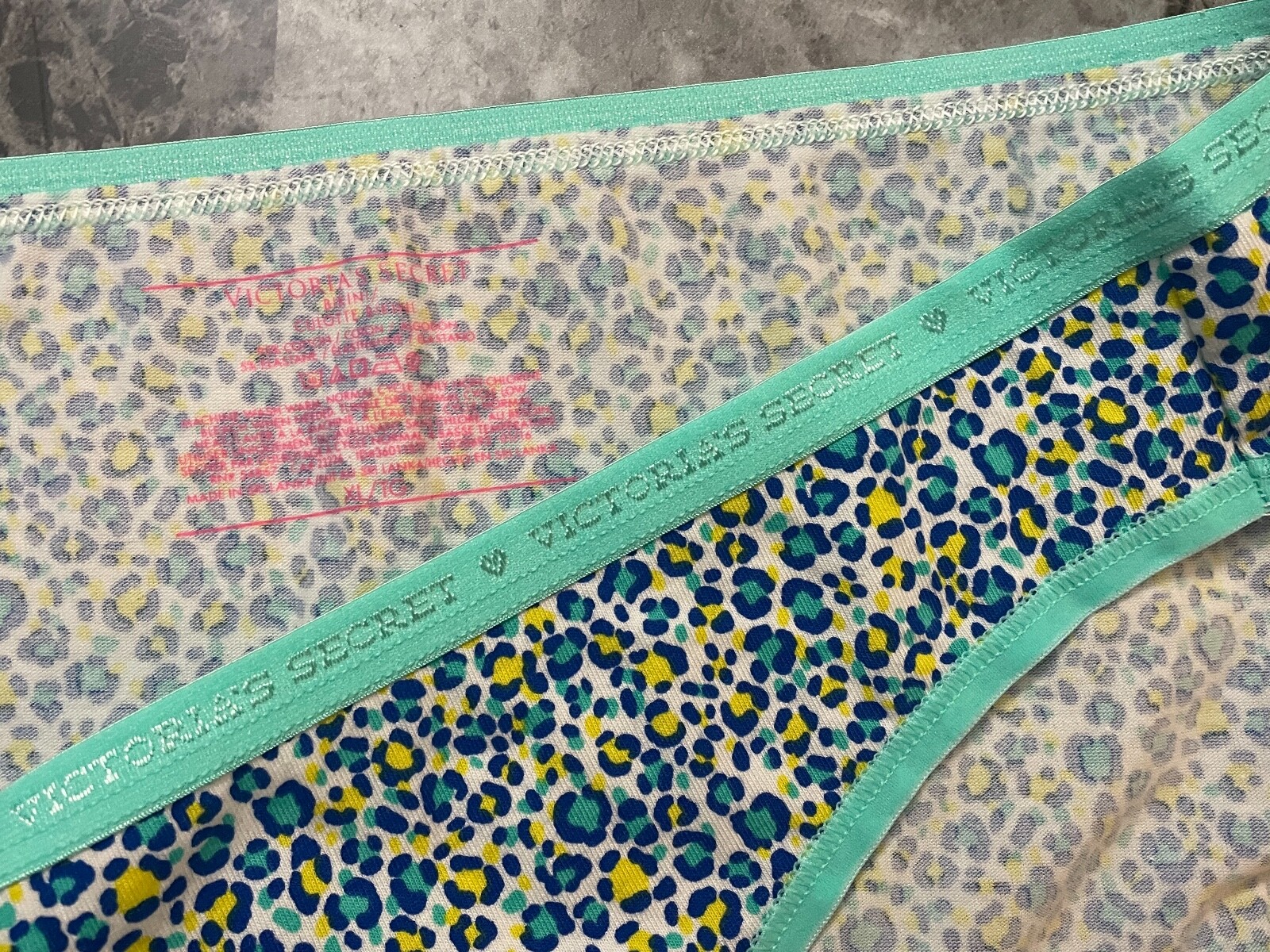 VICTORIA’S SECRET XL AQUA TEAL BLUE YELLOW LEOPARD LOGO BAND RARE BIKINI PANTIES