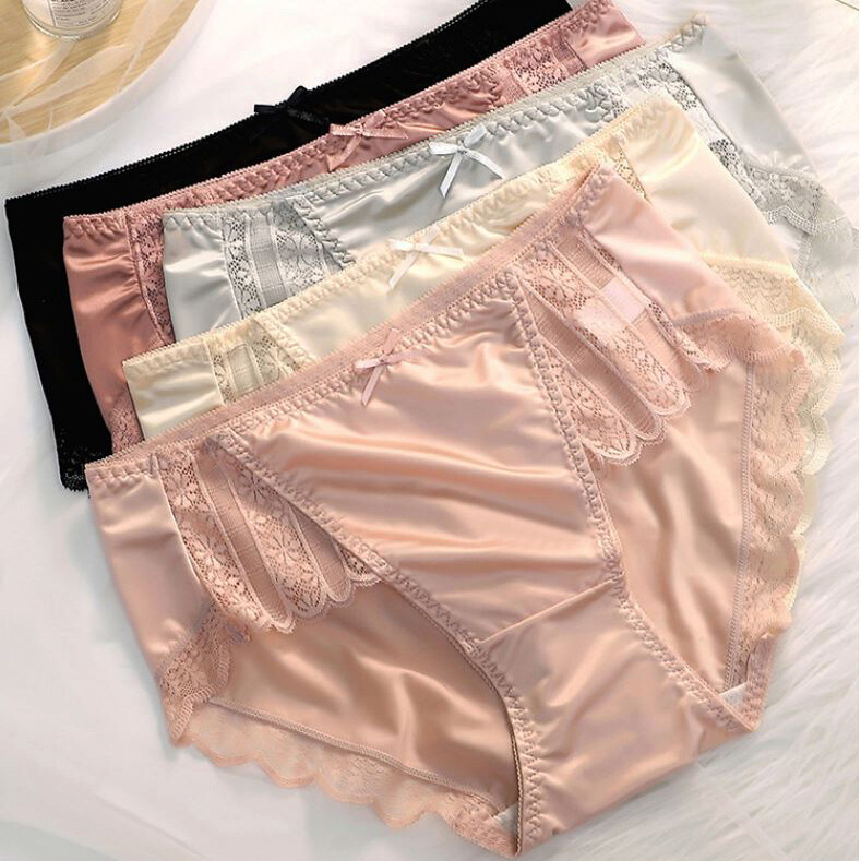 5 PCS Women Satin Panties Sexy Brief Underwear Sheer Lace Vintage Lingeries