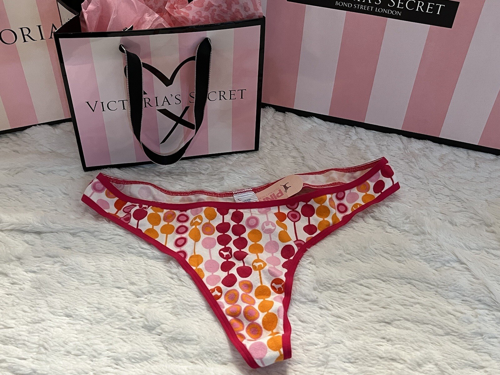 NWT VTG VICTORIA’S SECRET PINK Dogs/Polka Dot Cotton Low THONG Geo Panty L 2007